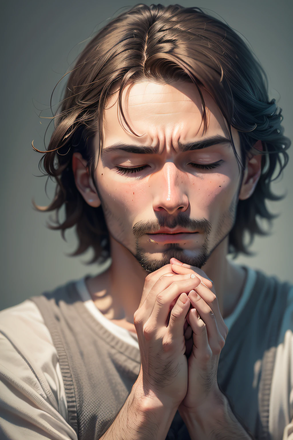 Create a high-definition image of just a man's face with his eyes closed, his hands clasped together in front of his face in deep prayer and with a dark background;