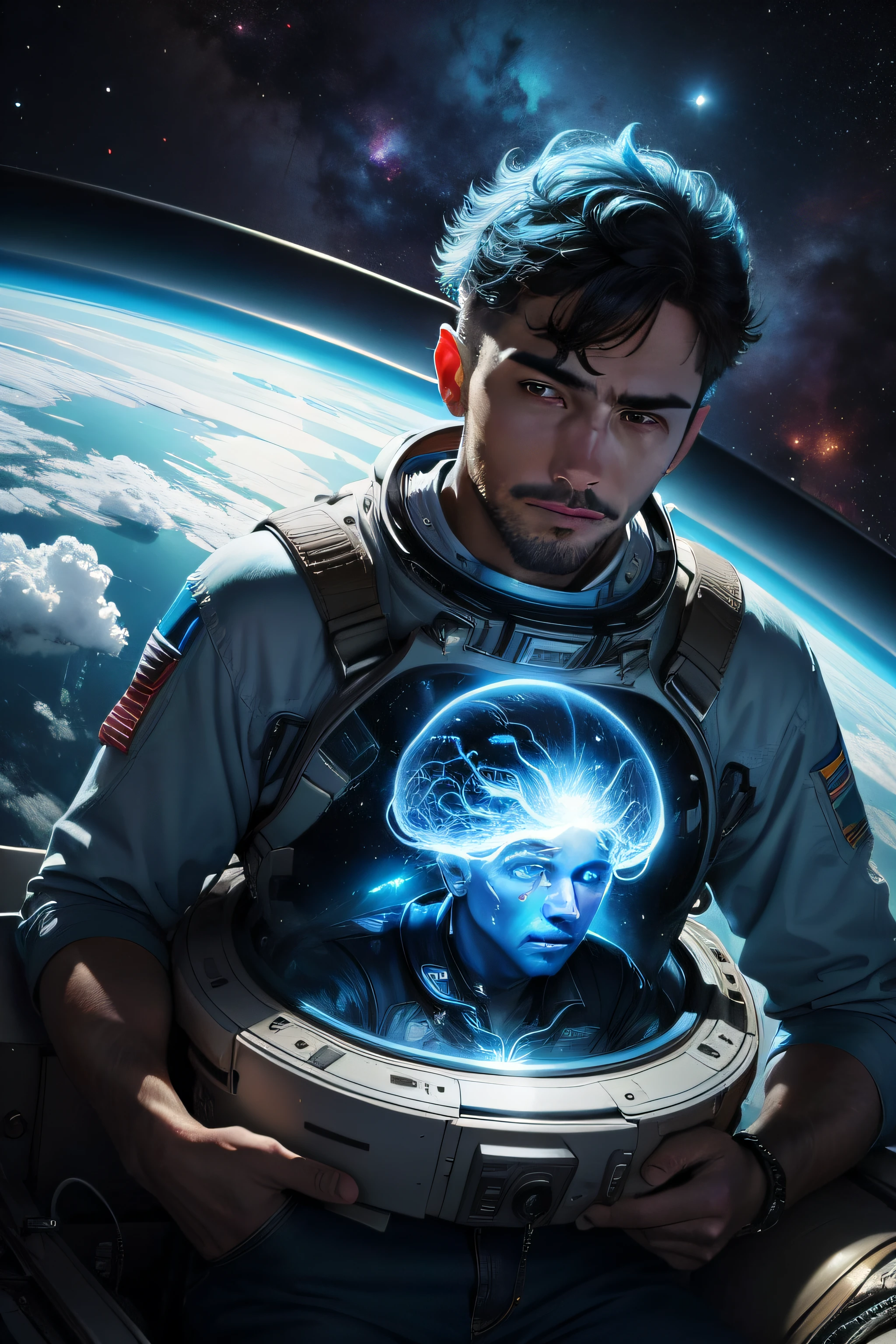 Photo of a man with blue brain in space