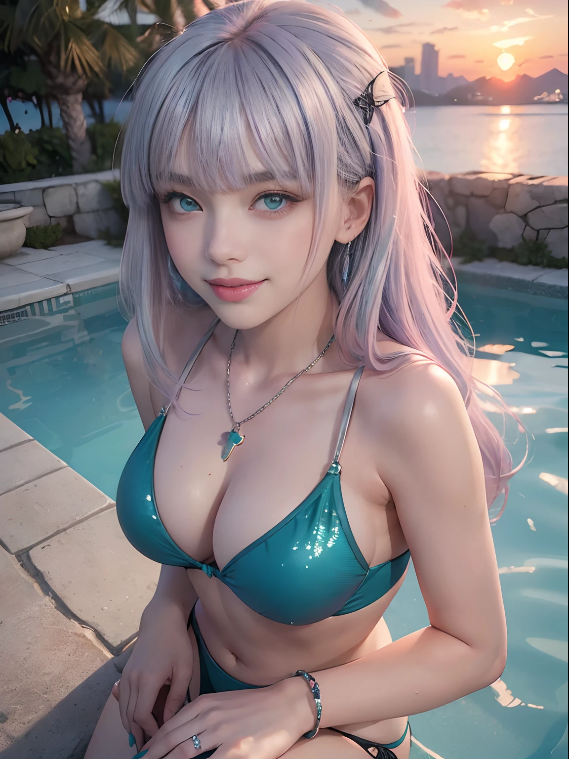 (Hyper Detailed, Best Quality), depth of fields, ((Sunset Pool)), (Beautiful and cute woman, Solo), Gravi Body, (Beautiful (Silverlight Purple Hair), Blunt bangs), (Beautiful (Teal green eyes)), (Wearing a bikini is a pink and black coloring), (Butterfly Motif Necklace), (a smile:1.2), Dynamic Posing, (selfie photo, From  above)