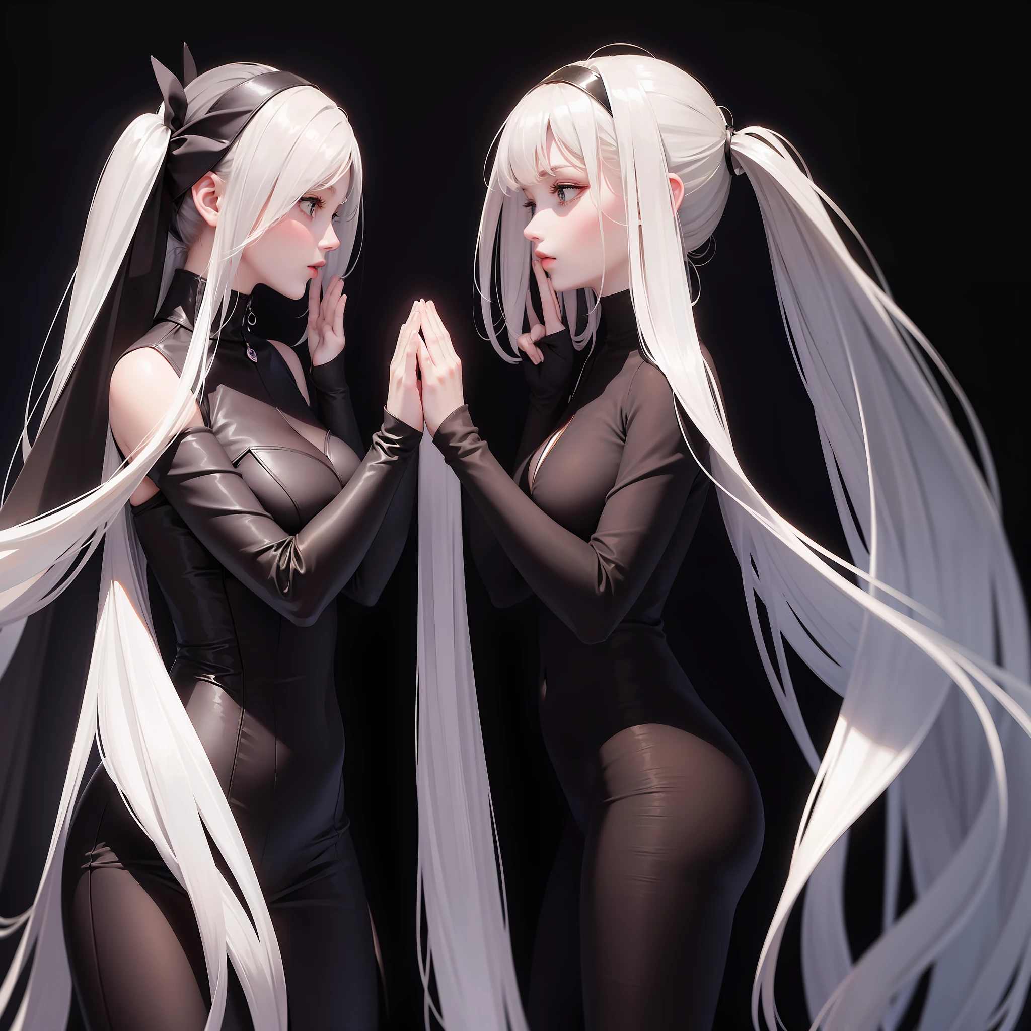 Blank black background, Image of two female hands, elongated upwards.