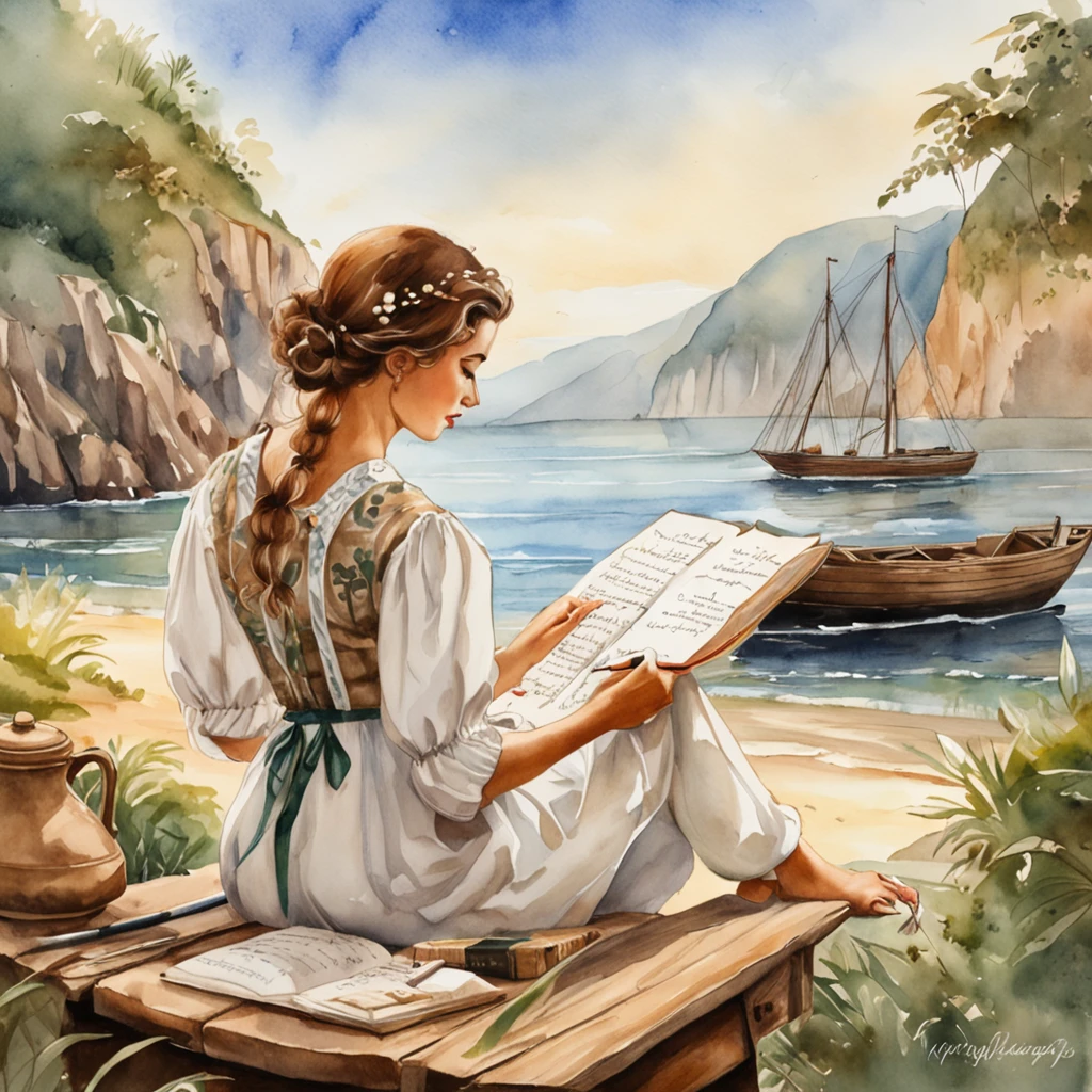 "Mulher no barco de madeira estilo cottagecore vintage com uma flor em seu cabelo, captured in a beautifully detailed scene with good lighting. The image has a realistic and highly artistic quality, assemelhando-se a uma obra-prima. The woman is writing, e o fundo apresenta um fundo branco limpo, reminiscente de desenhos de adesivos."