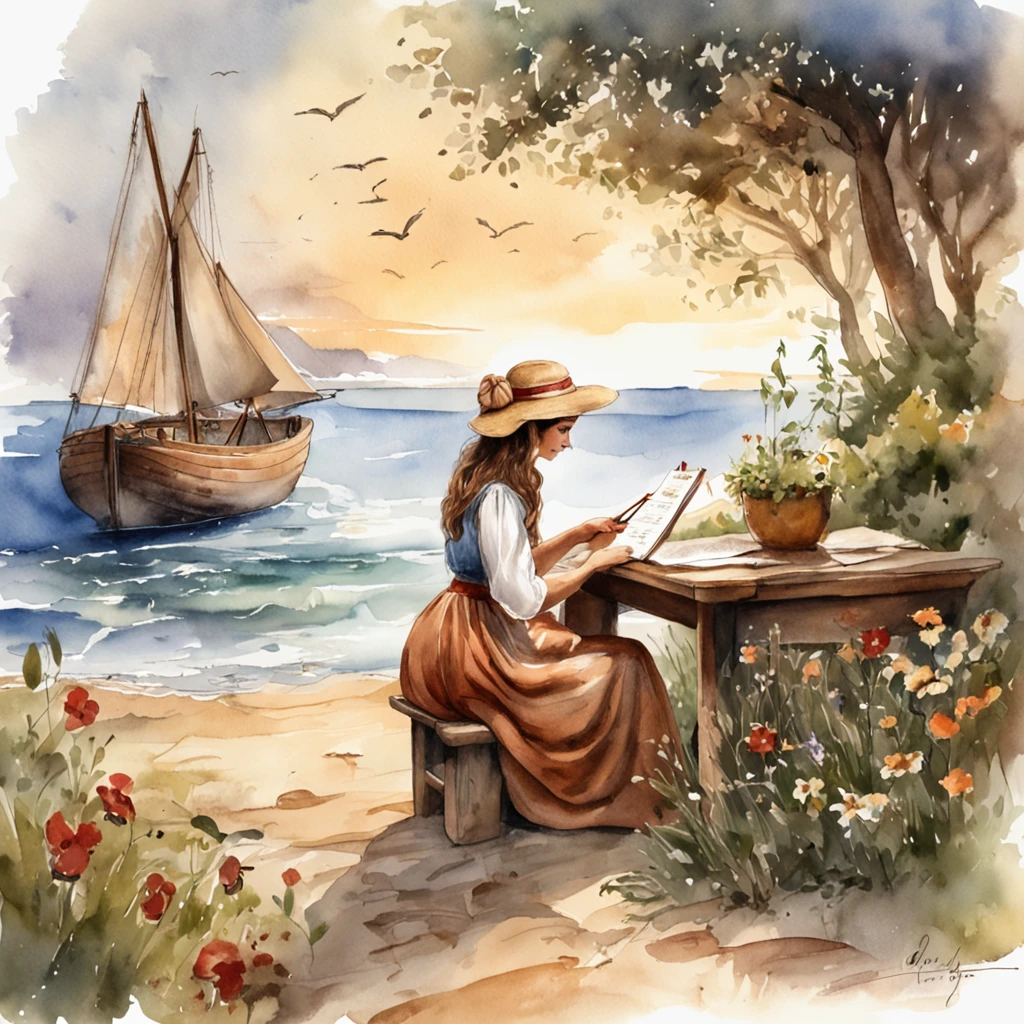 "Mulher no barco de madeira estilo cottagecore vintage com uma flor em seu cabelo, captured in a beautifully detailed scene with good lighting. The image has a realistic and highly artistic quality, assemelhando-se a uma obra-prima. The woman is writing, e o fundo apresenta um fundo branco limpo, reminiscente de desenhos de adesivos."