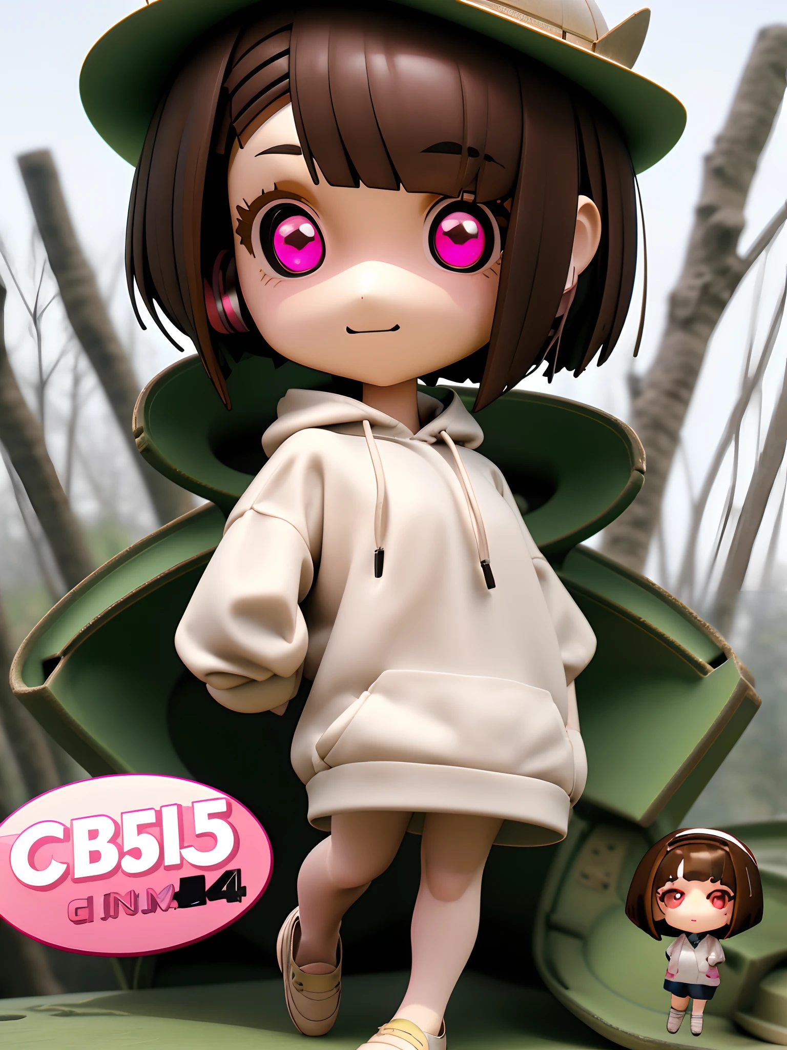 nendoroid、ultra cute girl、animesque、Brown hair bob cut、White hoodie、pale pink eyes、in woods、head phone、espadrilles、black trousers、Streamlined 3D / C4D production:8K HD quality/illuminating/Ultra-fine lens description 1.5、flawless、Chibi Background/Cinematic sensation。