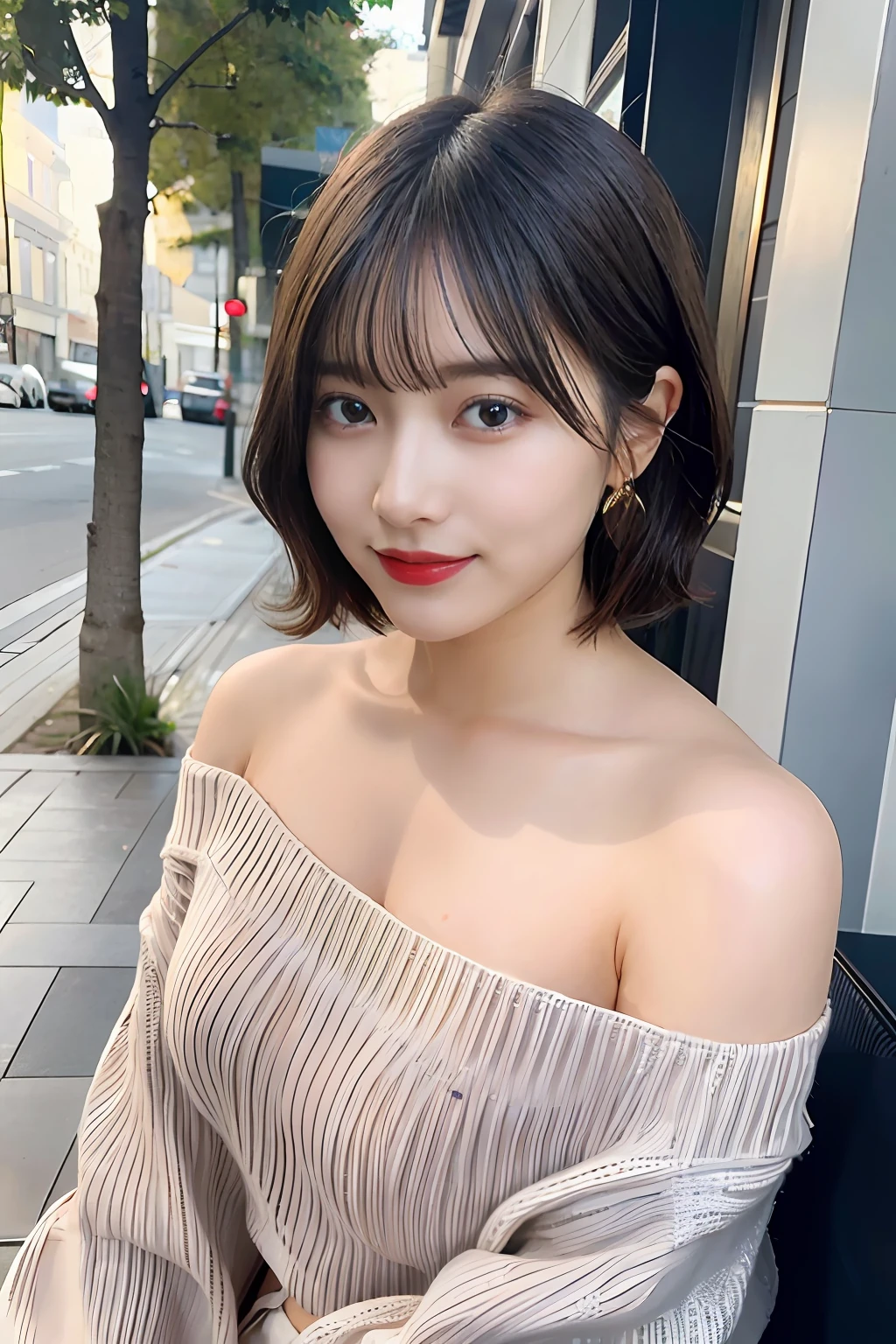 best quality, photorealistic, 8k, high res, perfect lighting, gorgeous, masterpiece, realistic, closeup portrait,
1girl, piercing eyes, wearing an off-shoulder sweater, medium breasts, short hair, looking at viewer, kind smile, outdoors, in a cafe