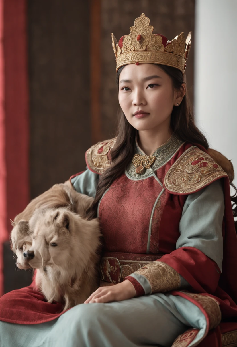 Crie uma imagem comovente da filha de Genghis Khan, ela sentada em um trono, with a queen's crown and holding a scroll symbolizing her late husband's inheritance. She is surrounded by counselors and exudes confidence.
