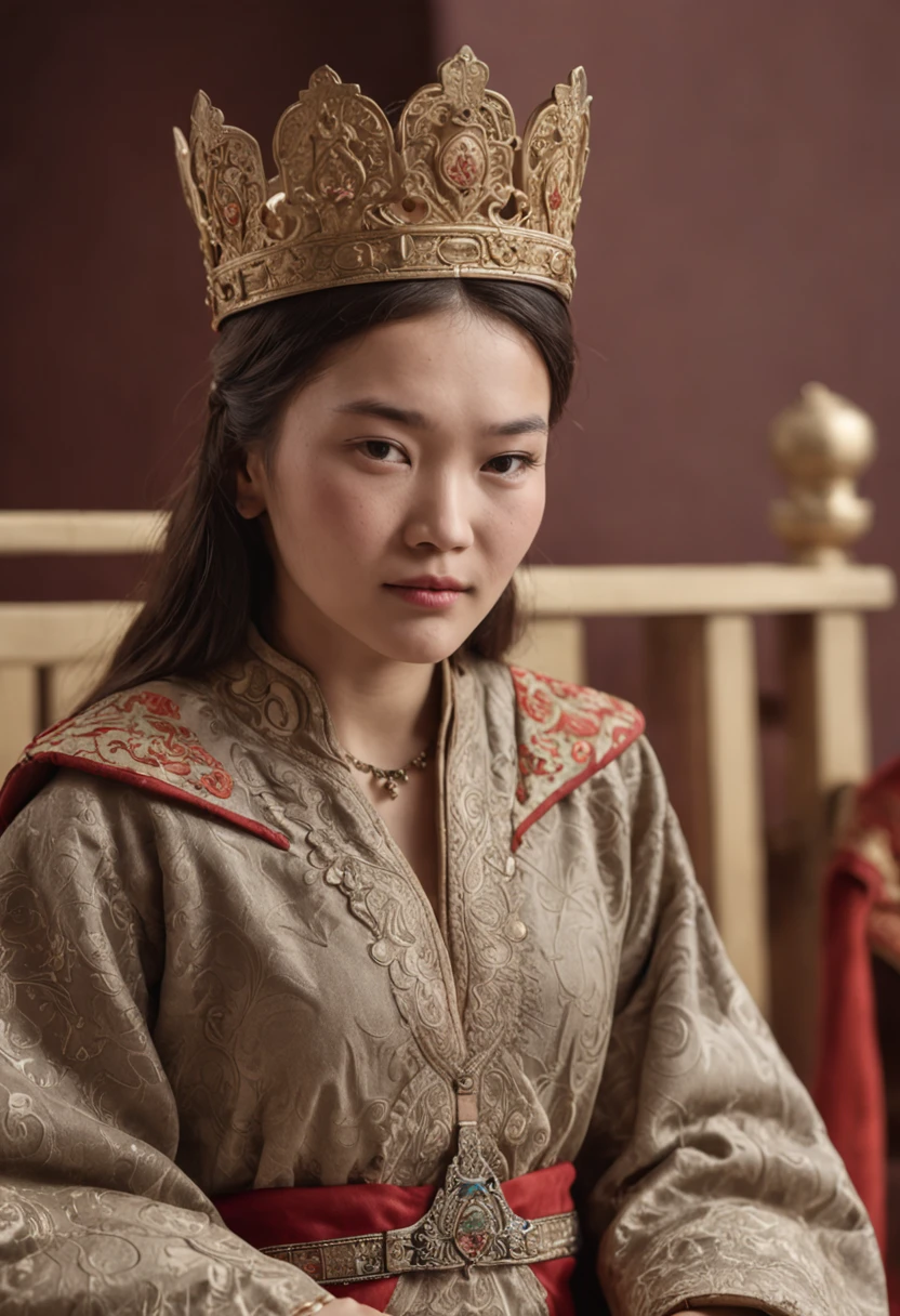 Crie uma imagem comovente da filha de Genghis Khan, ela sentada em um trono, with a queen's crown and holding a scroll symbolizing her late husband's inheritance. She is surrounded by counselors and exudes confidence.