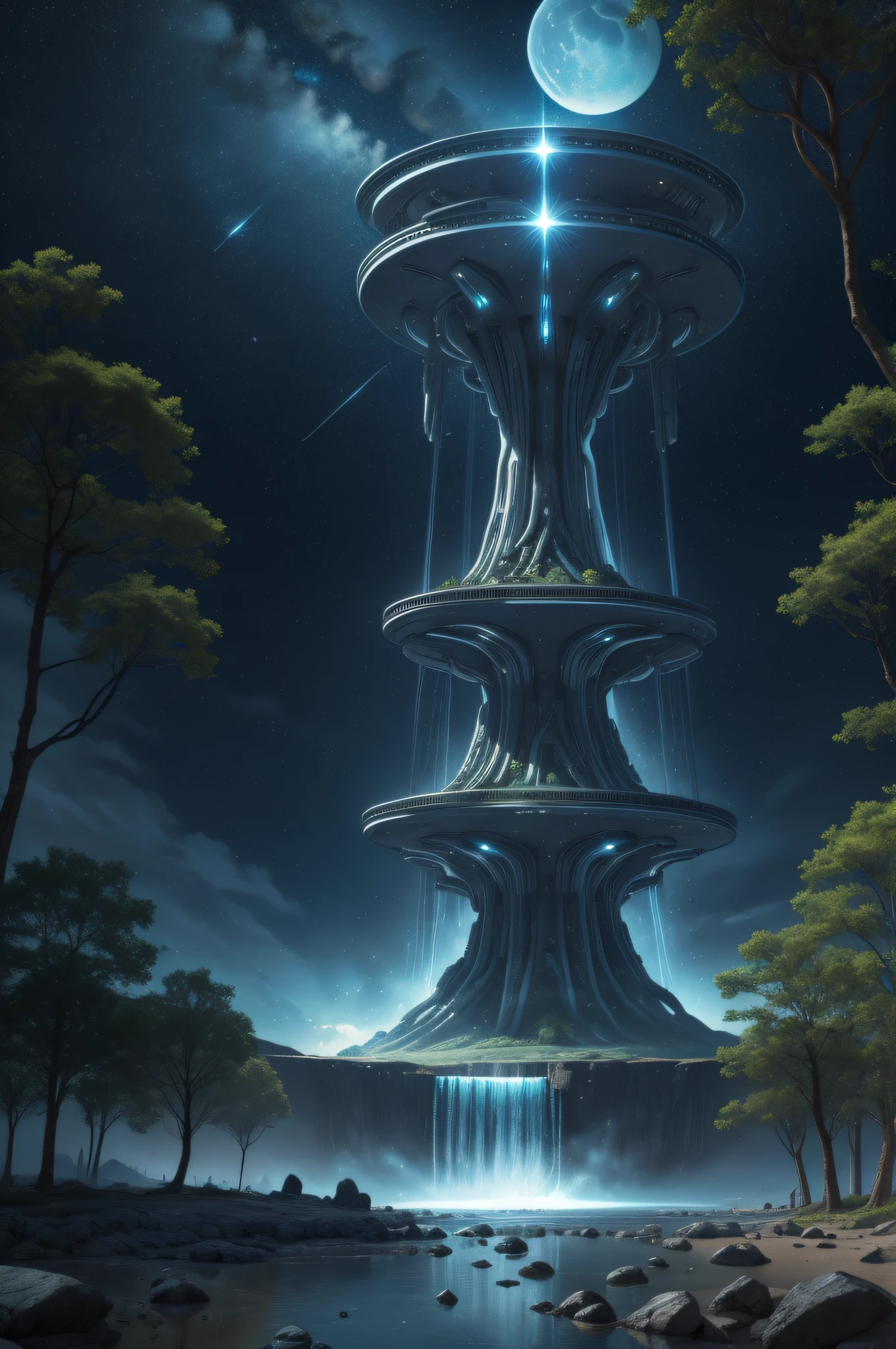 alien landscape, among the stars, cybernetic connections, twin stars, four moons, artificial trees, holographic waterfall, highly detailed environment, masterpiece, HDR