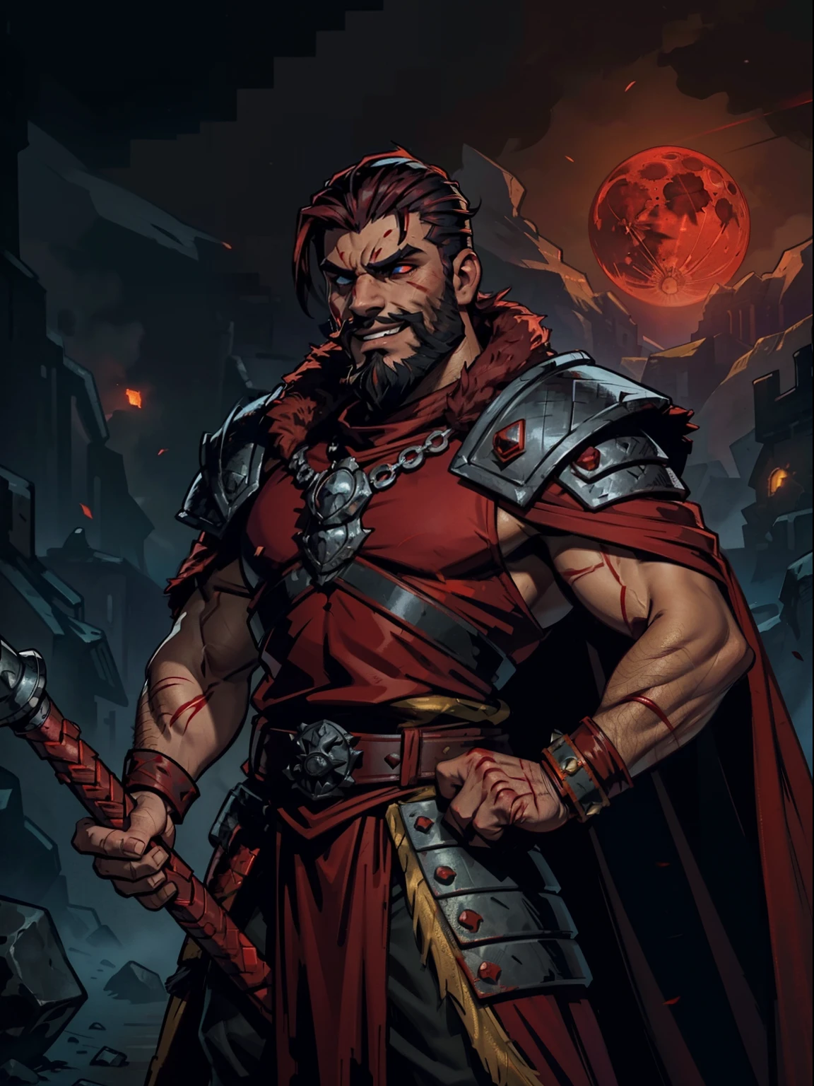 Blood moon background, Darkest Dungeon style, casting fire. Sadurang from Marvel, hunk, buffed physics, short mane hair, mullet, defined face, detailed eyes, short beard, glowing red eyes, dark hair, wily smile, badass, dangerous. Wearing full red armor with dragon scales, cape of furs.