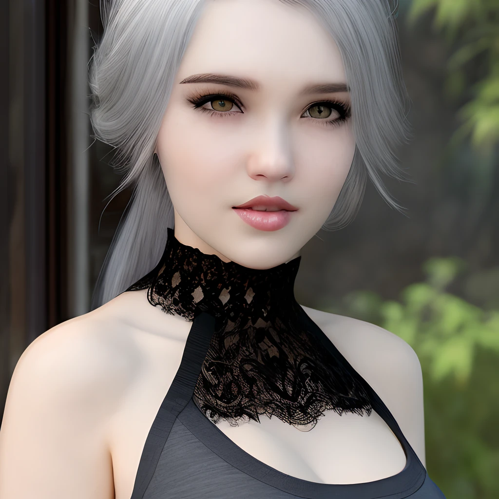 RAW photo of a girl, (masutepiece:1.1), Best Quality, 超A high resolution, detaileds, (Photorealistic:1.4), sharp, focus, Face Detail, (eyebrow piercing:1.1), Detailed eyes, Detailed face, 1girl in, Pale, frown, Off-shoulder black shirt, Black tight skirt, Black Choker, (faded ash gray hair:1.2), (Huge breasts:1.1), Looking at Viewer, gros-plan,ahe face