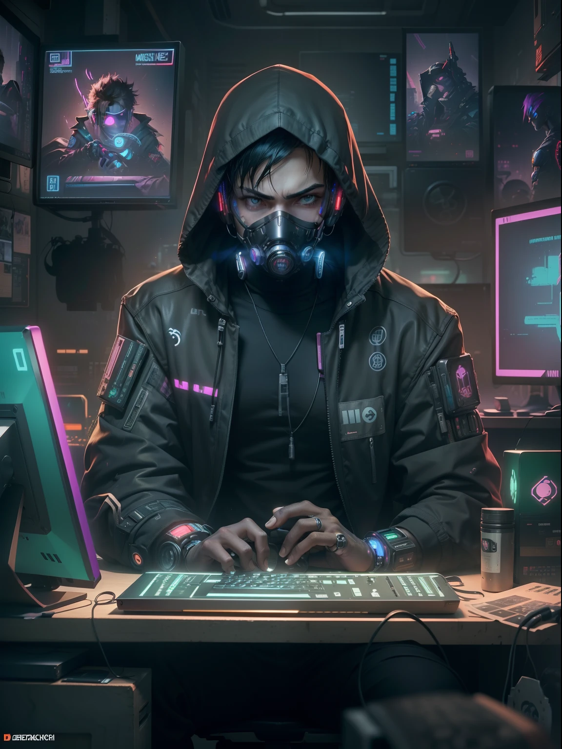 (masutepiece, of the highest quality, Best Quality, Official art, Beautiful and aesthetic:1.2),(Cyberpunk:1.4) Hacker boy with his mouth covered with a black mask and a hacker logo on the left of the mask, ( in front he has his desk , on top of it the PC monitor on the left, ) ( his hands relaxing over the desk) shadow on his face hidding it and making more mysterious