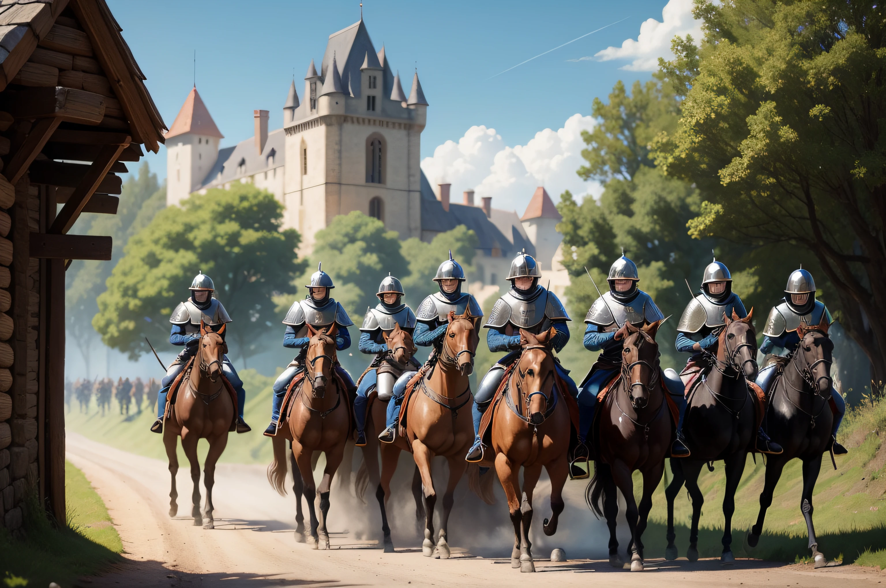 a patrol of medieval soldiers blocking the road