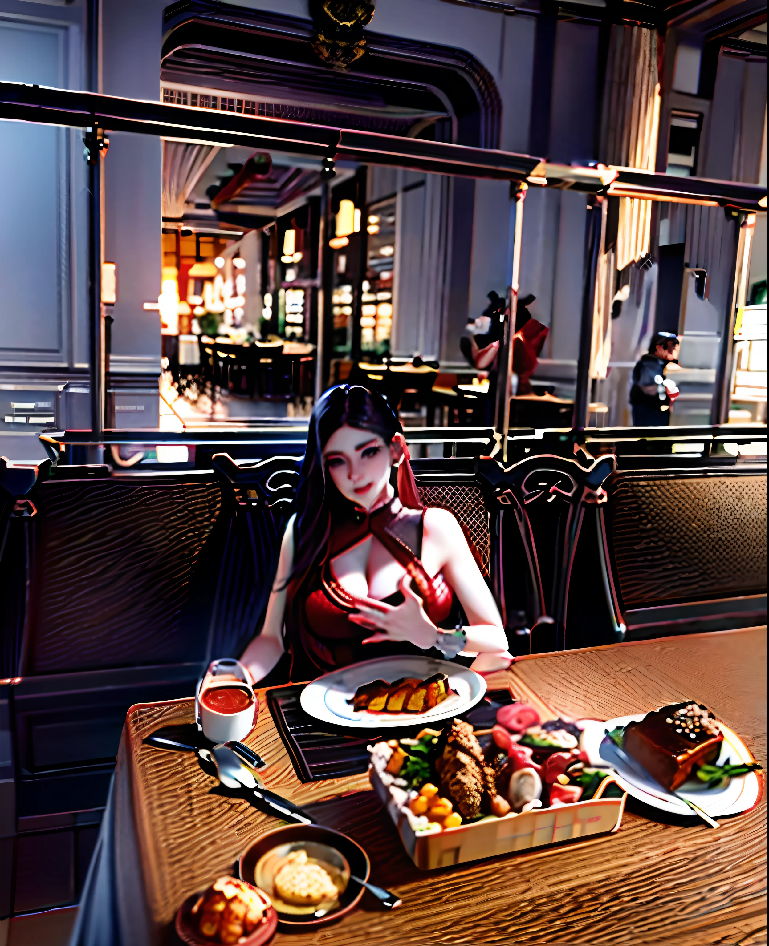 There was a woman sitting at the table,Carrying a plate of food, she is about 2 5 years old, young beautiful amouranth, belle delphine, eating meat, dilraba dilmurat, she is about 20 years old, she is about 2 0 years old, expensive restaurant, Cai Xukun, covered in organic flesh meat