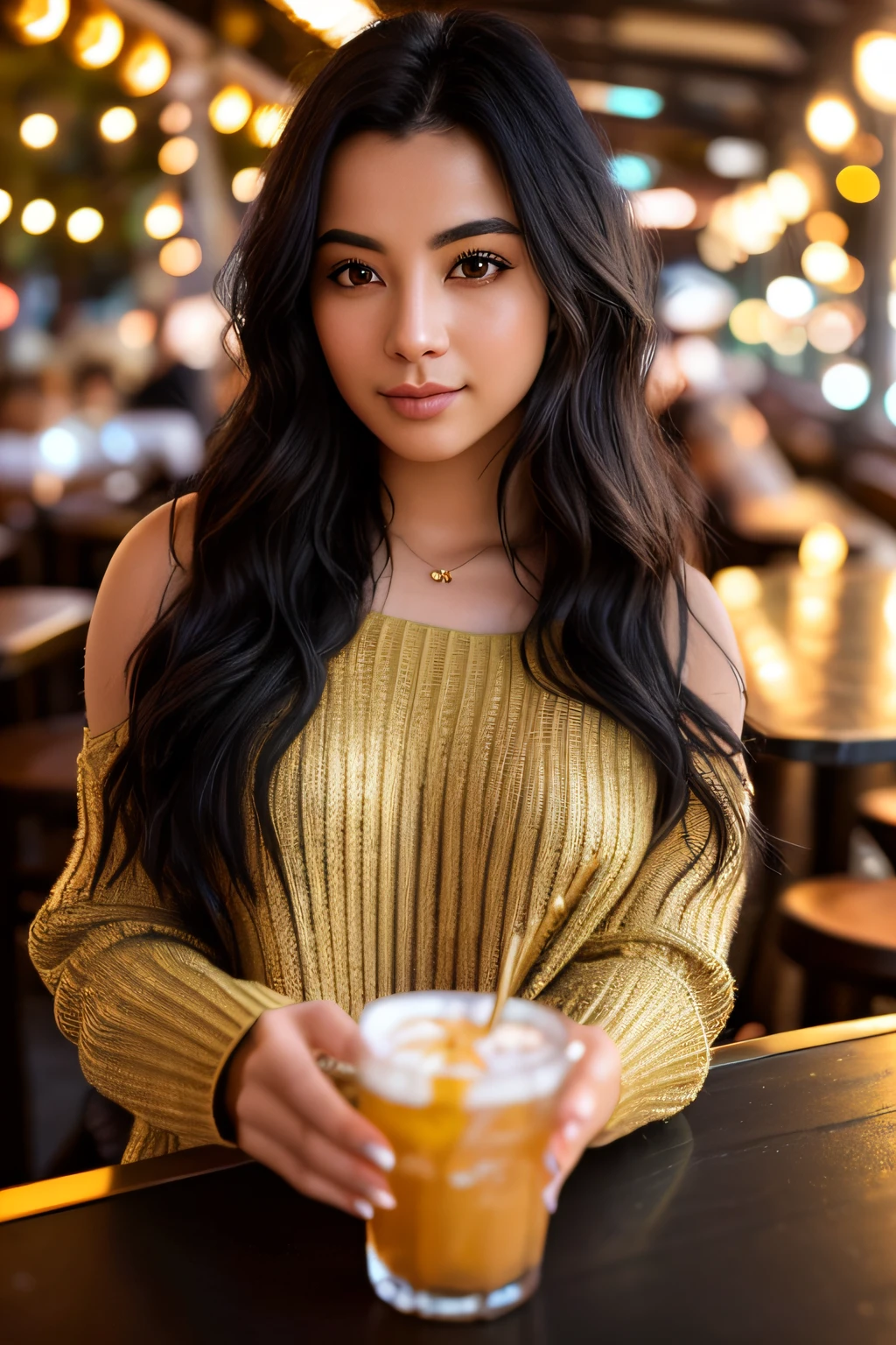 Photo by (SH0HREH:0.99), a beautiful woman 21 years old long black hair, enlarged close-up in tight crop portrait, sitting at a (table on a seaside boardwalk café bar drinks cocktails:1.2) wearing a (sexy off-shoulders sweater:1.3) (drinks on the table:1.3) (Lighting-Gold:1.2) foreground objects background details (masterpiece:1.2) (photorealistic:1.2) (bokeh:1.2) (best quality) (color gradation) (detailed skin: 1.3) (intricate) (8k) (HDR) (cinematic lighting:1.3) (sharp focus)