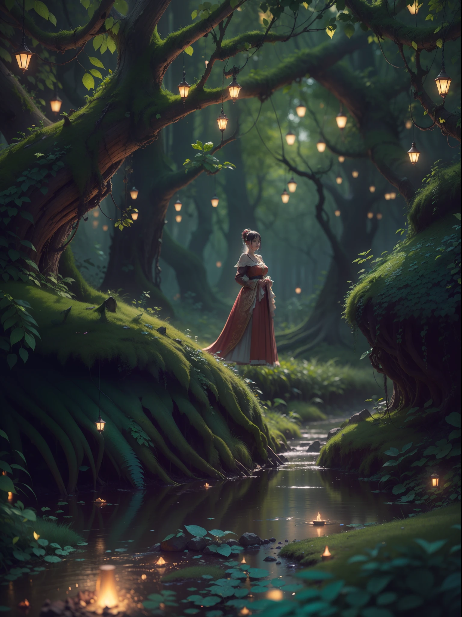Masterpiece, Best quality, (Very detailed CG Unity 8K wallpapers), (Best quality), (Most Best Illustration), (Best shadows), Forest theme with natural elements. Tall trees, quiet streams, Glowing small mushrooms, Surrounded by delicate leaves and branches, with fireflies and glowing particle effects,, (nature elements), (Jungle theme), (Leaves), (branches), ( glowworm), Butterflies, (Delicate leaves), (Glow), (particle fx). , Isometric 3D, Octane rendering, Ray tracing, Super detailed.femminine.Wear a black silk cheongsam.One guy