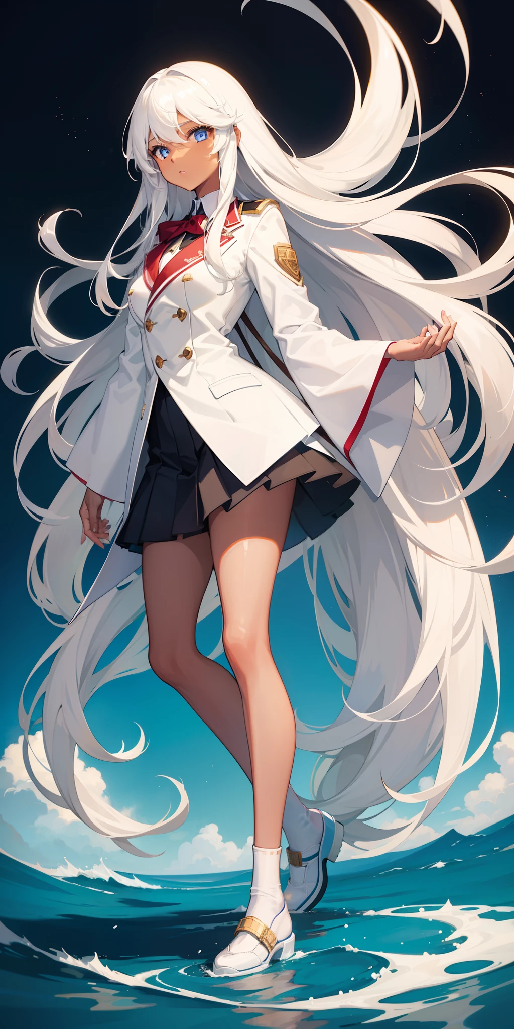 silver-white long hair，Broken hair curtains，Crystal red eyes，White short-sleeved sailor uniform，a skirt，expressiveless，apathy，Wearing white stockings，On the school rooftop，Wearing a crystal blue transparent umbrella，Big Breasts Girl