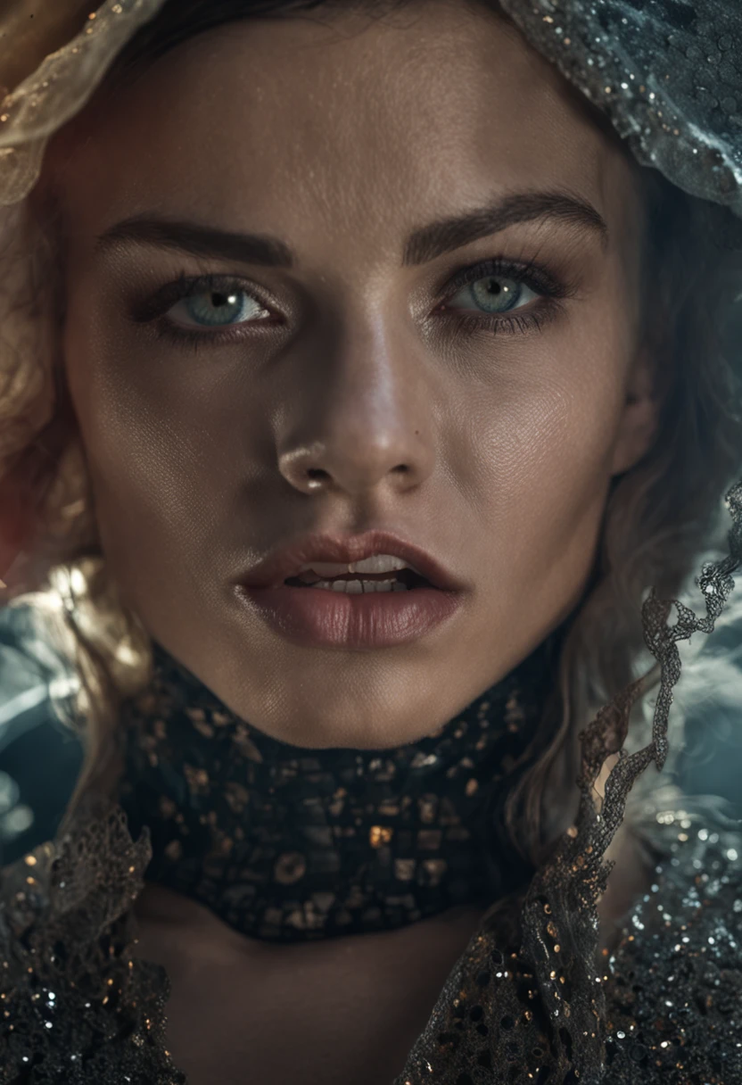 Beautiful lady, freckles, dark makeup, hyperdetailed photography, soft light, head and breast portrait, cover, , big breastes.In the mouth of bonana,on the lips,Kneeling,Waiting, When it's in her mouth,opened her mouth.bare ass