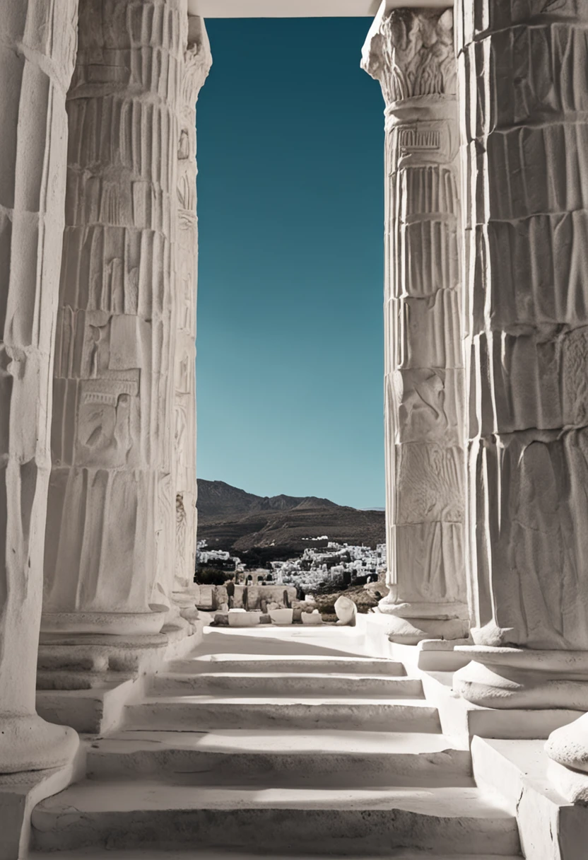 Uma imagem de estoicos preto branco com um fundo lindo de templos da grecia