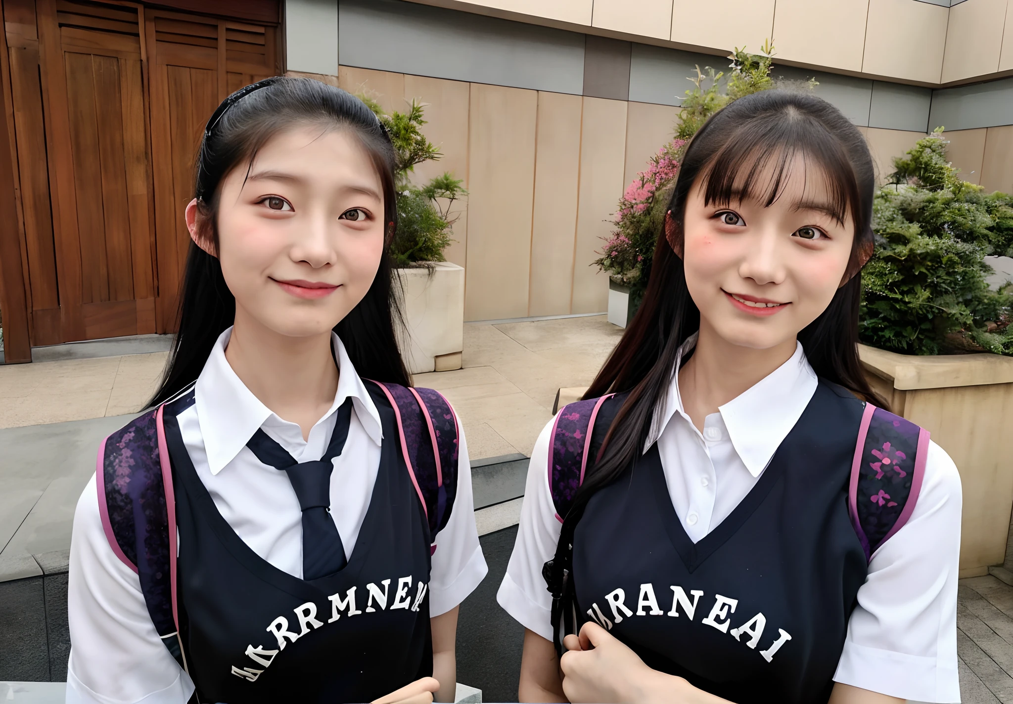 They were two young girls in school uniforms.、Posing for a photo, two japanese schoolgirls posing, still from live action movie, Seifuku, closeup Iwakura Lain, shikamimi, jaeyeon nam, wearing japanese school uniform, yoshitomo nara and aya takano, Japan school uniform, live action movie scene, twins