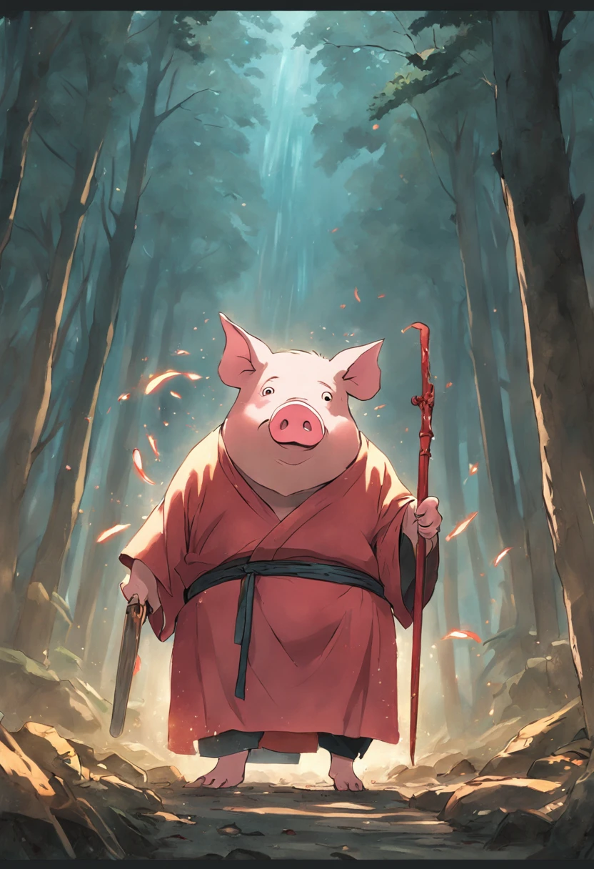 Pig-headed man，One guy，Wearing monk robe，Take a nail rake，at a forest，Snes painting
