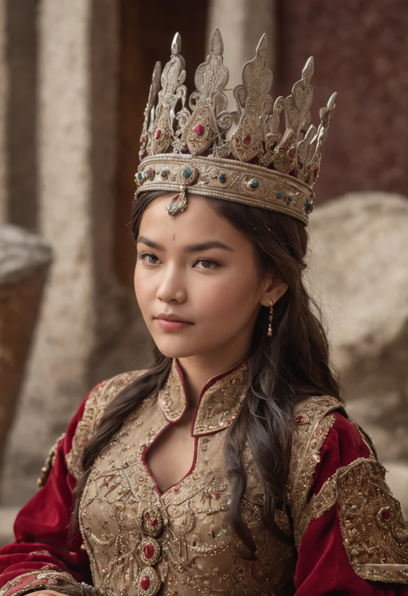 Crie uma imagem comovente da filha de Genghis Khan, ela sentada em um trono, com uma coroa de rainha e segurando um pergaminho . She is surrounded by counselors and exudes confidence.