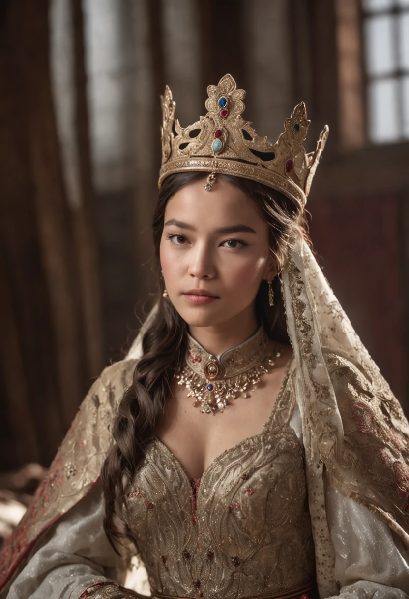 Crie uma imagem comovente da filha de Genghis Khan, ela sentada em um trono, com uma coroa de rainha e segurando um pergaminho . She is surrounded by counselors and exudes confidence.