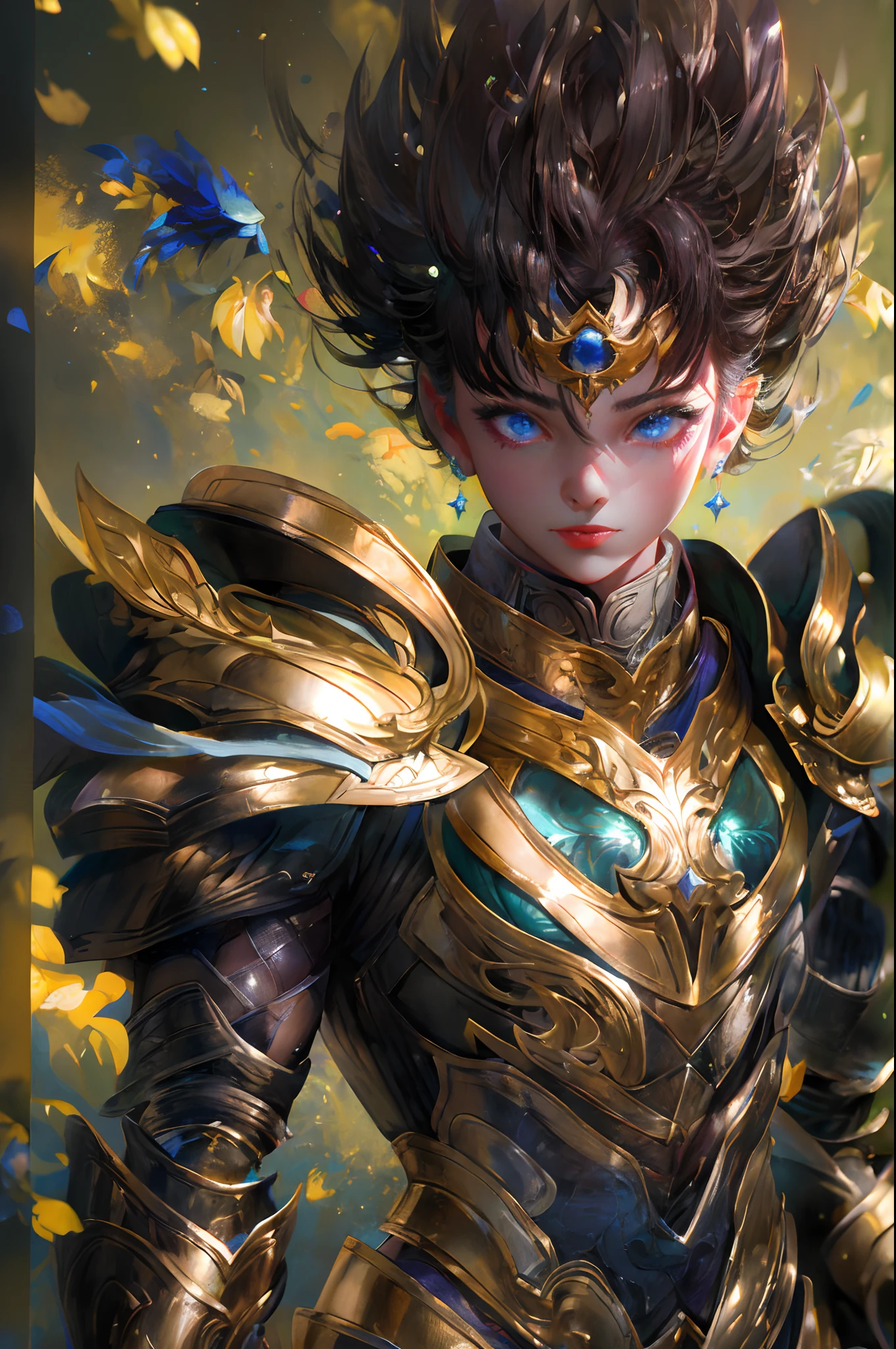 full body,Ultra-high saturation,(tmasterpiece), fully body photo,(best qualtiy), (1girll), starryskybackground,Wearing shiny gold armor, Sexy lingerie type armor,Expose your chest,Expose the waistline,Exposing thighs,cool-pose, Saint Seiya Armor, messy hair,high detal, Anime style, Cinematic lighting, Sparkle, god light, Ray traching, filmgrain, hyper HD, textureskin, super detailing, Anatomical correct, A high resolution,Ultra-high saturation,hight contrast,High-gloss armor,Smooth skin,Serious expressions,Dark room,