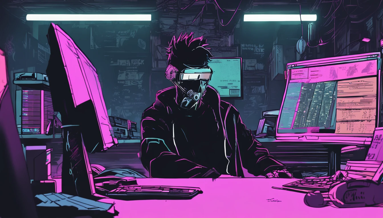 (masutepiece, of the highest quality, Best Quality, Official art, Beautiful and aesthetic:1.2),(Cyberpunk:1.4) Hacker boy with his mouth covered with a black mask and a hacker logo on the left of the mask, ( in front he has his desk , on top of it the PC monitor on the left, ) ( his hands relaxing over the desk) shadow on his face hidding it and making more mysterious, stack of 100 dollar bills at the back