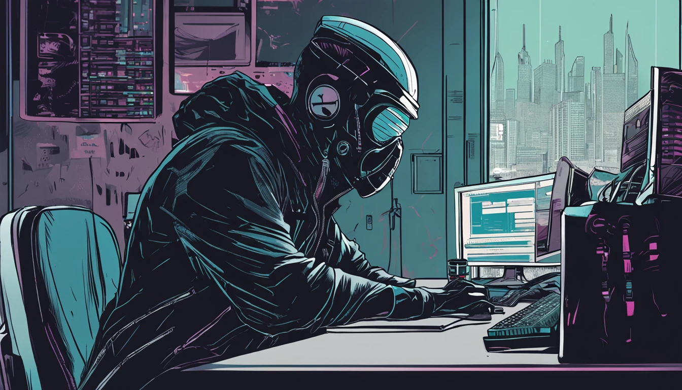 (masutepiece, of the highest quality, Best Quality, Official art, Beautiful and aesthetic:1.2),(Cyberpunk:1.4) Hacker boy with his mouth covered with a black mask and a hacker logo on the left of the mask, ( in front he has his desk , on top of it the PC monitor on the left, ) ( his hands relaxing over the desk) shadow on his face hidding it and making more mysterious, stack of 100 dollar bills at the back