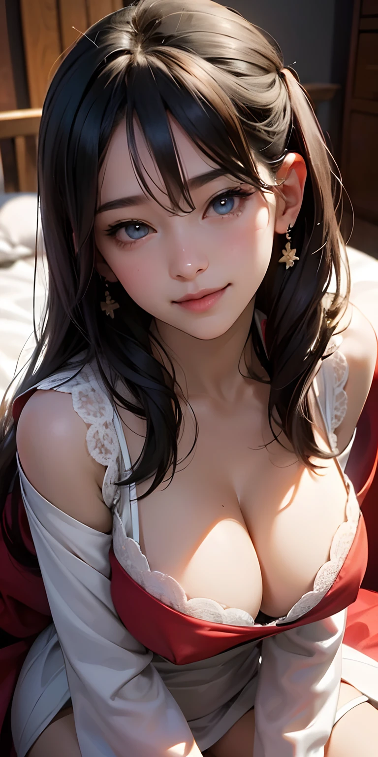 realisticlying, girl,Super close-up of the face、「japanes」can not see the clothes、Face Real,Lustful face,smil、sit on a bed、Look straight up and look at us、Cleavage emphasis,My breasts are really getting bigger.,Cleavage emphasis,(Super large zoom of chest)、White micro bra for sexy
