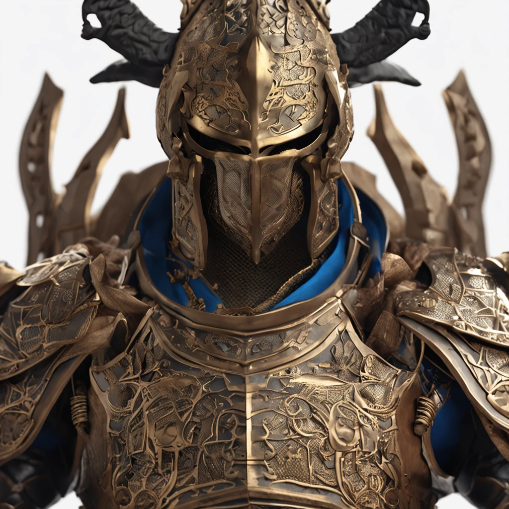guerreiro, arte conceitual, Directed by: Kishi Ganku, arte de fantasia, Fundo do templo zen, clean render, um chifre, vestindo uma armadura, detailed bushido form smoke, capacete de uma divindade esquecida, character is standing, fighting position, 8k realista, in game render, detalhe detalhado do fundo do rosto, Art Station home page, boi, pseudo - fantasia medieval, Divindade com armadura koi, armadura de bronze detalhada, Armadura de Bronze, armadura gravada dourada, Armadura Obsidiana de Ouro, armadura de ouro claro, armadura de filigrana ornamentada, demon warrior, armadura ornamentada coberta de espinhos, intrincada armadura assasin, intrincada armadura de metal, Formidable warrior, revestido com uma armadura dourada ornamentada adornada com desenhos intrincados, tudo contra um escuro, smoky scenery suggestive of a battle scene, lending a sinister aura to your persona