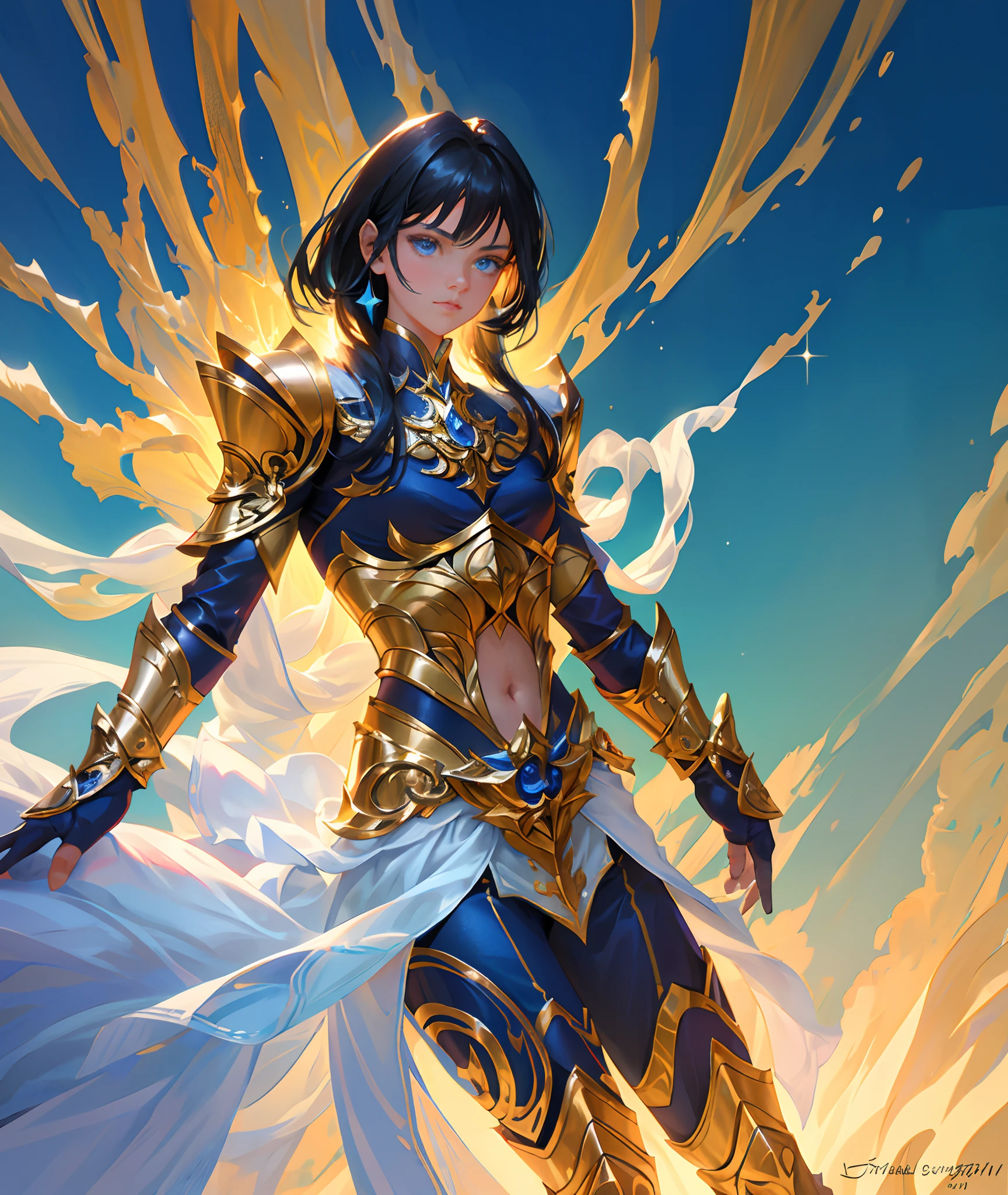 Ultra-high saturation,(tmasterpiece), fully body photo,(best qualtiy), (1girll), starryskybackground,Wearing shiny gold armor, Sexy lingerie type armor,Expose your chest,Expose the waistline,Exposing thighs,cool-pose, Saint Seiya Armor, messy hair,high detal, Anime style, Cinematic lighting, Sparkle, god light, Ray traching, filmgrain, hyper HD, textureskin, super detailing, Anatomical correct, A high resolution,Ultra-high saturation,hight contrast,High-gloss armor,Smooth skin,Serious expressions,Dark room,