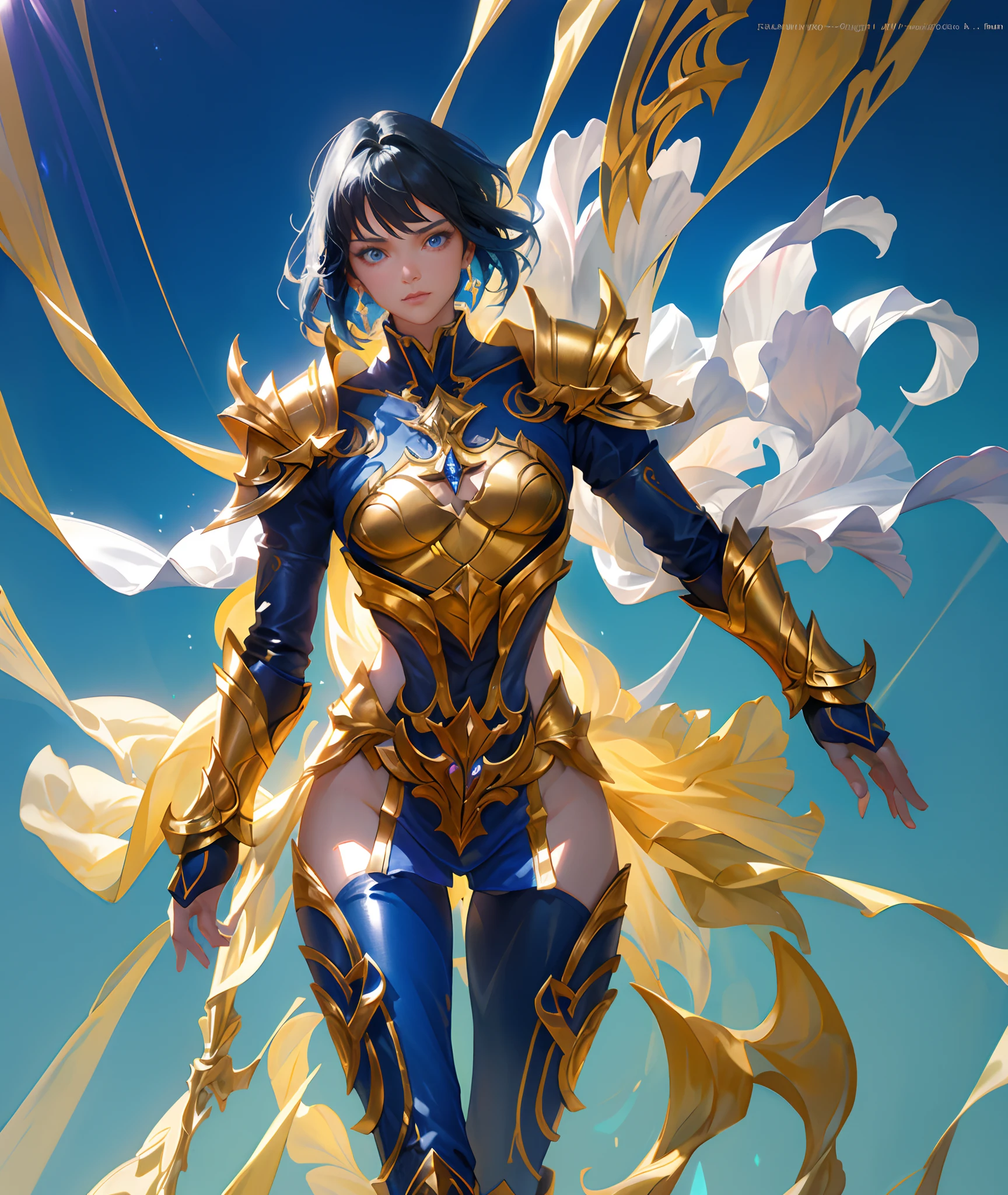 Ultra-high saturation，（tmasterpiece）， fully body photo，（best qualtiy）， （1girll）， starryskybackground，Wearing shiny gold armor， Sexy lingerie type armor，Expose your chest，Expose the waistline，Exposing thighs，cool-pose， Saint Seiya Armor， messy  hair，high detal, Anime style, Cinematic lighting, Sparkle, god light, Ray traching, filmgrain, hyper HD, textureskin, super detailing, Anatomical correct, A high resolution，Ultra-high saturation，hight contrast，High-gloss armor，Smooth skin，Serious expressions,Dark room,