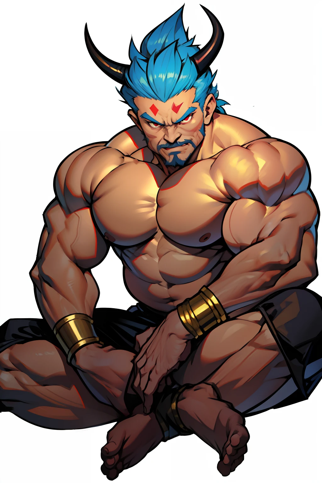 Khmer man, spiritual god, dragon human, reptile man, elderly, grandfather, Hindu style, dragon king, white grey beard, goatee, full body to toes and feet, topless, sky blue scaly skin color, street fighter, random boxing pose, round chubby face, fat, overweight, wrestler, red eyes, underbite fangs, gold wrist bracelet, gold ankle bracelet, wearing all black tight shorts, dragon horns on the head, all white background backdrop,