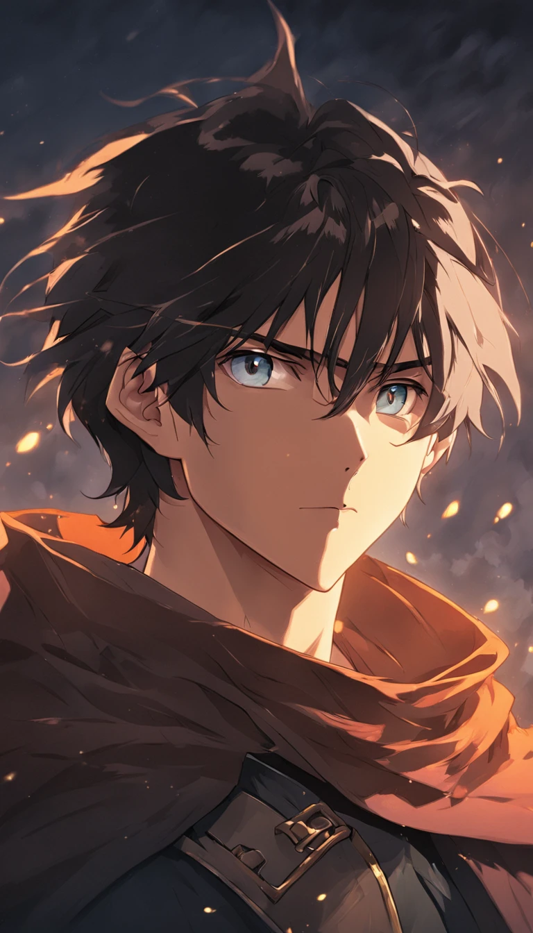 young man from a medieval world, bright golden eyes, straight dark hair, confident look