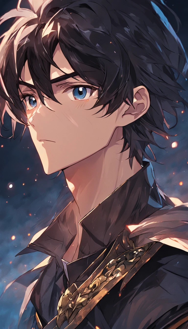 young man from a medieval world, bright golden eyes, straight dark hair, confident look