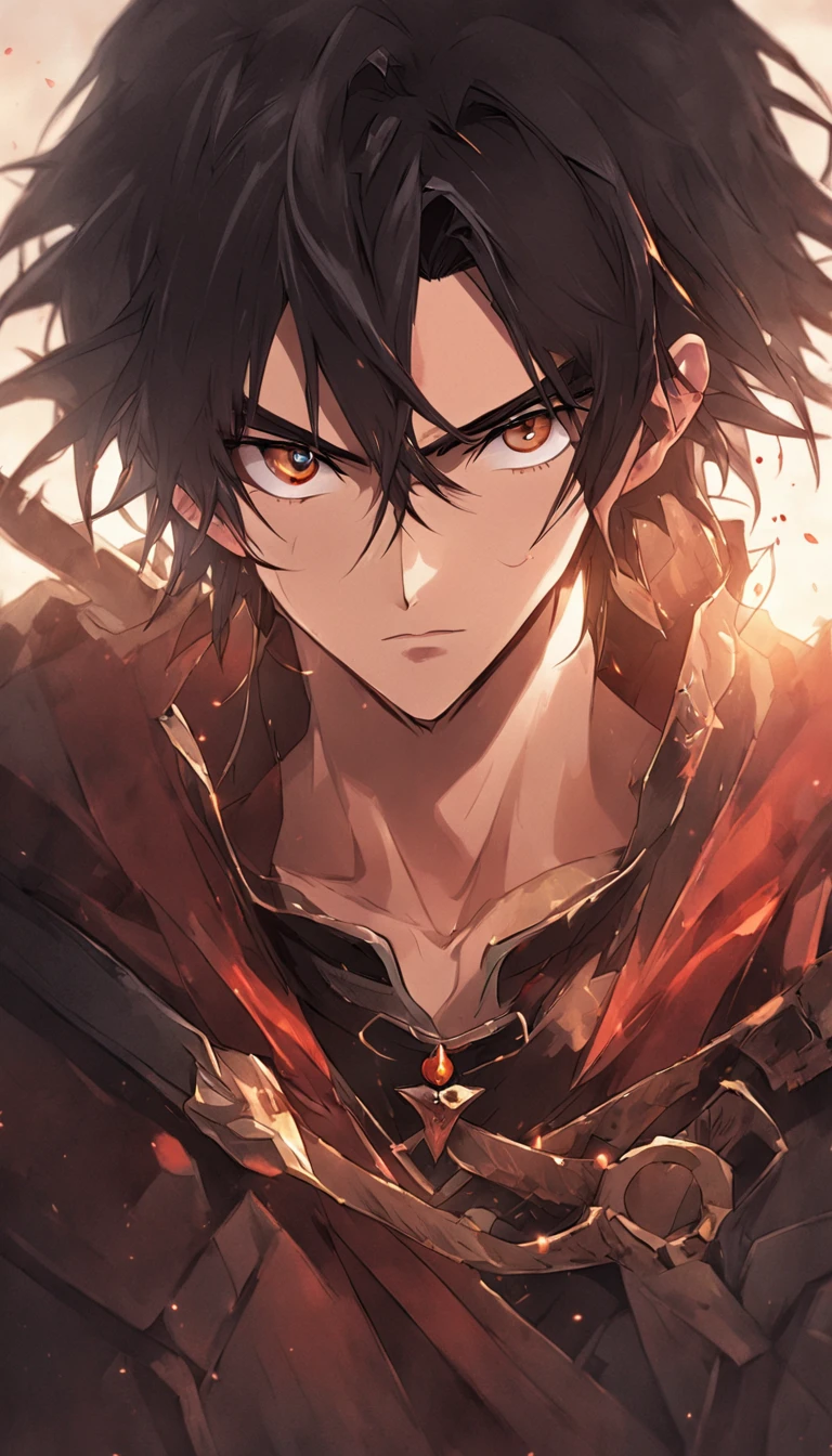 young man from a medieval world, bright golden eyes, straight dark hair, confident look
