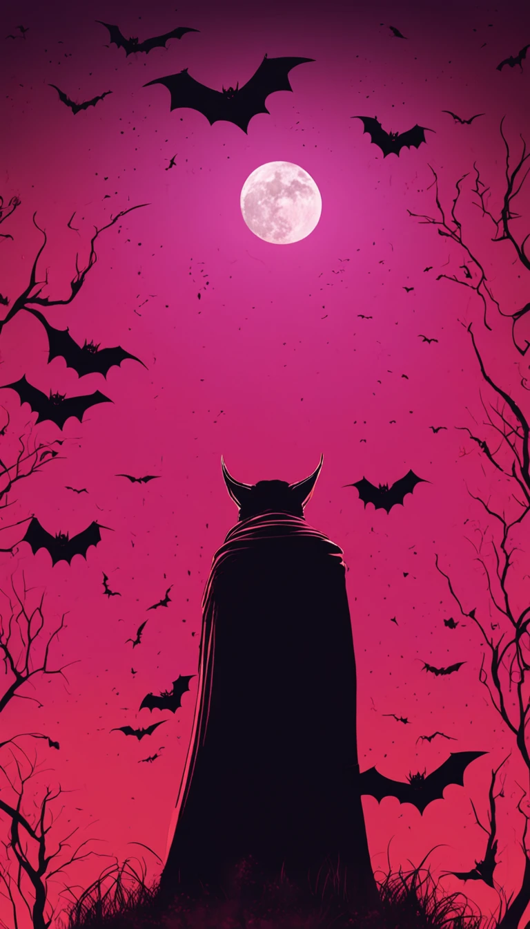Vampiro em um casaco preto,olhos de cor vermelha,Bats fly around,red skies,Castelos