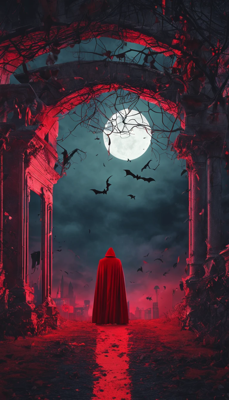 Vampiro em um casaco preto，olhos de cor vermelha，Bats fly around，red skies，Castelos
