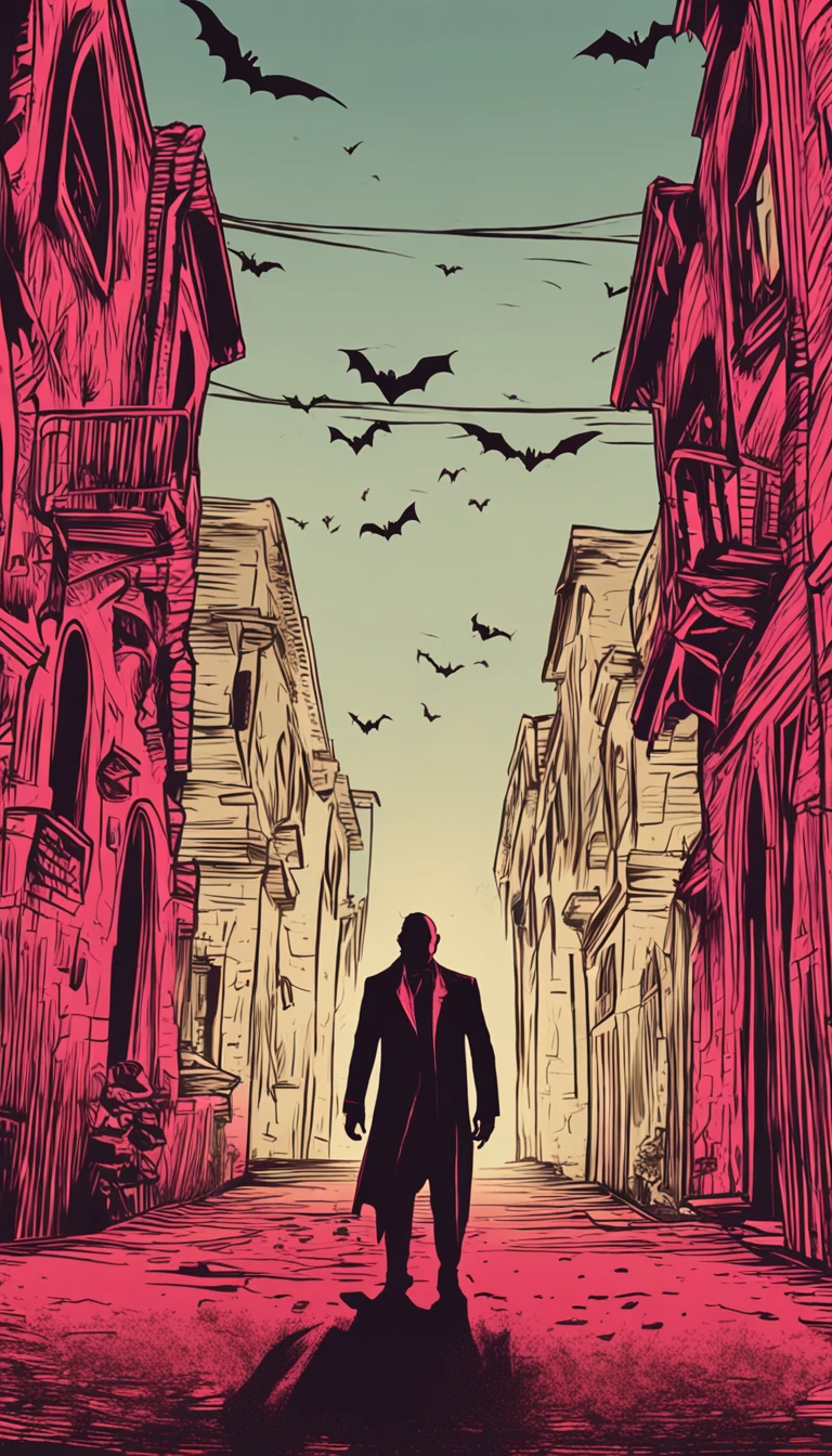 Vampiro em um casaco preto,olhos de cor vermelha,Bats fly around,red skies,Castelos