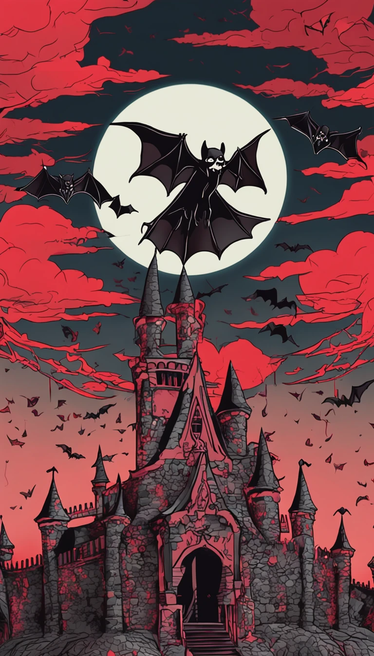 Vampiro em um casaco preto,olhos de cor vermelha,Bats fly around,red skies,Castelos