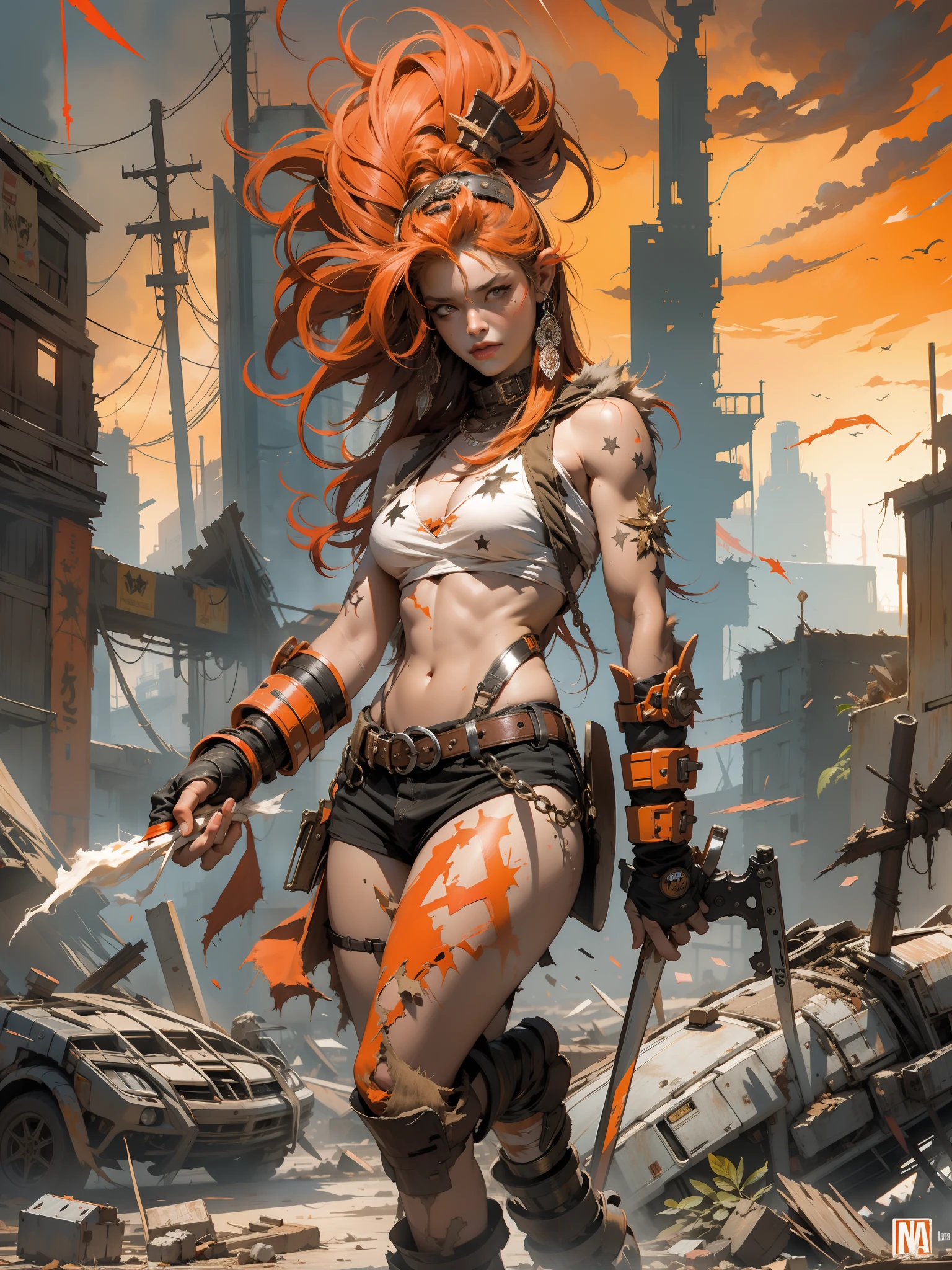 nijistyle, barbarian queen with tiny thong in a post-apocalyptic world, Simon Bisley style for a Brooklyn Gladiator comic book cover, sultry pose, scantily clad, nearly nude, wrecked outfit orange, ( best quality), (absurdres), perfect body, sexy scene, colorful mohawk, background with a destroyed city