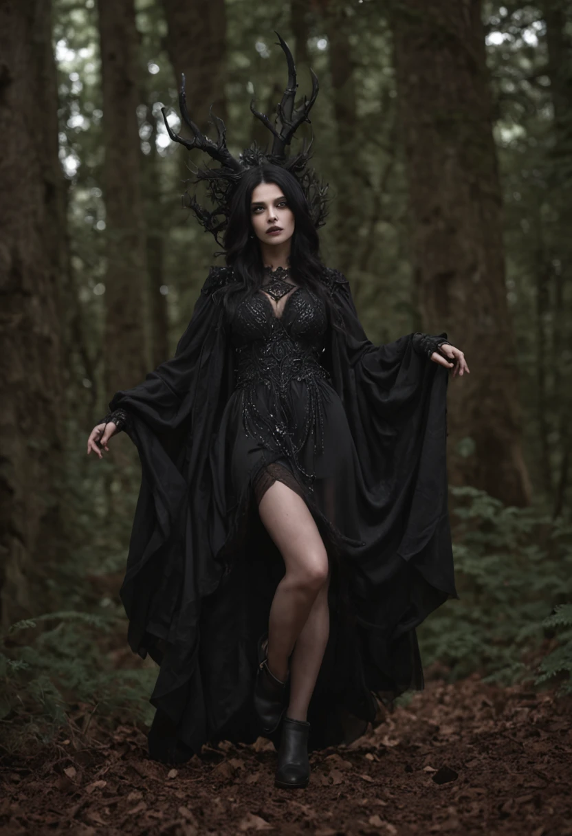 masterpiece, best quality, masterpiece, (1girl), (LLChar), evil witch, dark energy, void, empty eyes, (extremely evil), dark magic, dark forest, negaive energy, hell, void, stars, black hair,