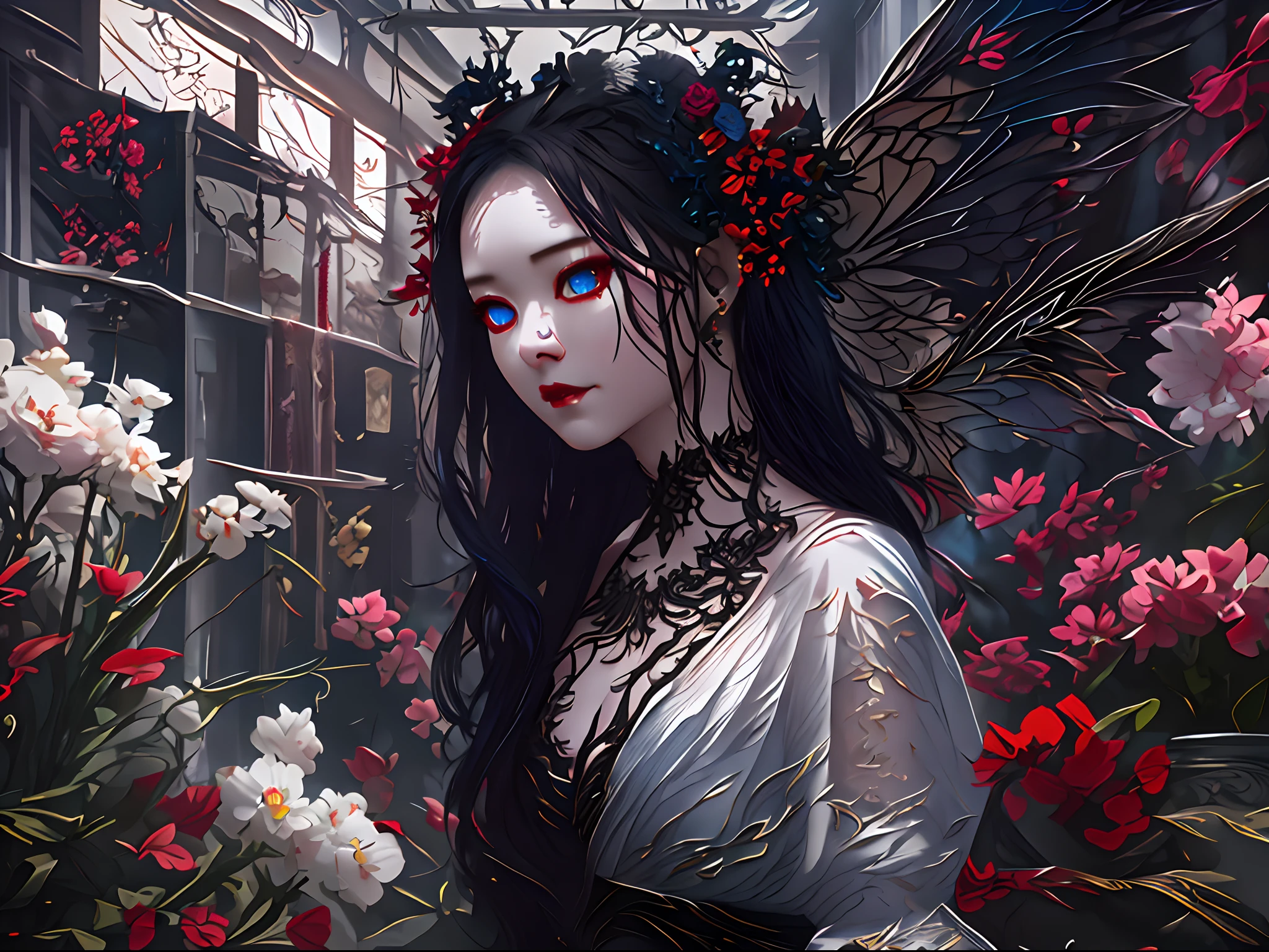 high details, best quality, 16k, RAW, [best detailed], masterpiece, best quality, (extremely detailed), full body, ultra wide shot, photorealistic, dark fantasy art, goth art, RPG art, D&D art, a picture of a dark female fairy showing flowers in a florist shop, extremely beautifil fairy, ultra feminine (intense details, Masterpiece, best quality), best detailed face (intense details, Masterpiece, best quality), having wide butterfly wings, spread buterfly wings (intense details, Masterpiece, best quality), dark colors wings (intense details, Masterpiece, best quality), black hair, long hair, shinning hair, flowing hair, shy smile, innocent smile, blue eyes, dark red lips, wearing red skirt, dynamic elegant shirt, chocker, wearing high heels, in flower shop (intense details, Masterpiece, best quality), [extreme many flowers] (intense details, Masterpiece, best quality), dark colorful flowers (intense details, Masterpiece, best quality), flower shop in a dark goth era street, model715,  High Detail, Ultra High Quality, High Resolution, 16K Resolution, Ultra HD Pictures, 3D rendering Ultra Realistic, Clear Details, Realistic Detail, Ultra High Definition