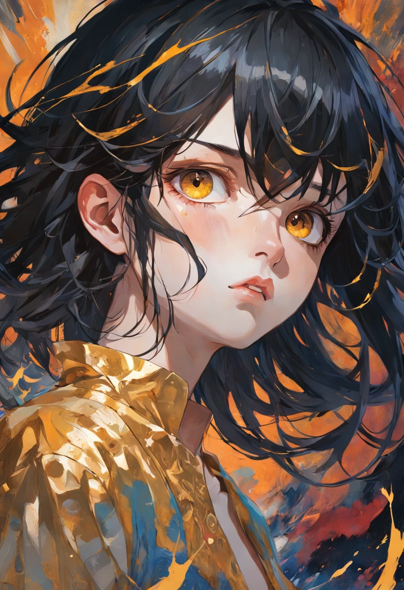 There is ugliness in beauty, But there is also beauty in ugliness. Young man with dark hair and bright golden eyes. In the style of Adrian Ghenie, Esao Andrews, Jenny Saville, Edward Hopper, surrealism, Dark Art par James Jean, Takato Yamamoto, Minimalism inkpunk