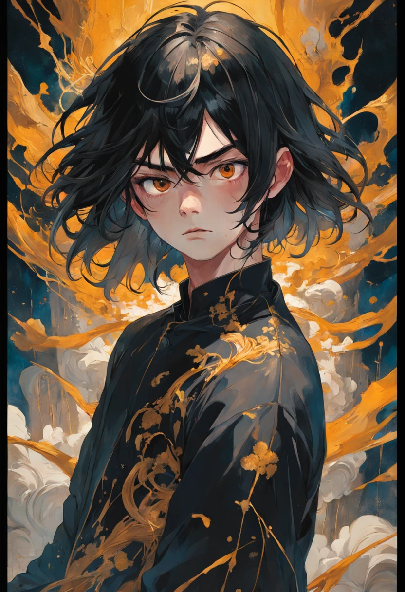 There is ugliness in beauty, But there is also beauty in ugliness. Young man with dark hair and bright golden eyes. In the style of Adrian Ghenie, Esao Andrews, Jenny Saville, Edward Hopper, surrealism, Dark Art par James Jean, Takato Yamamoto, Minimalism inkpunk