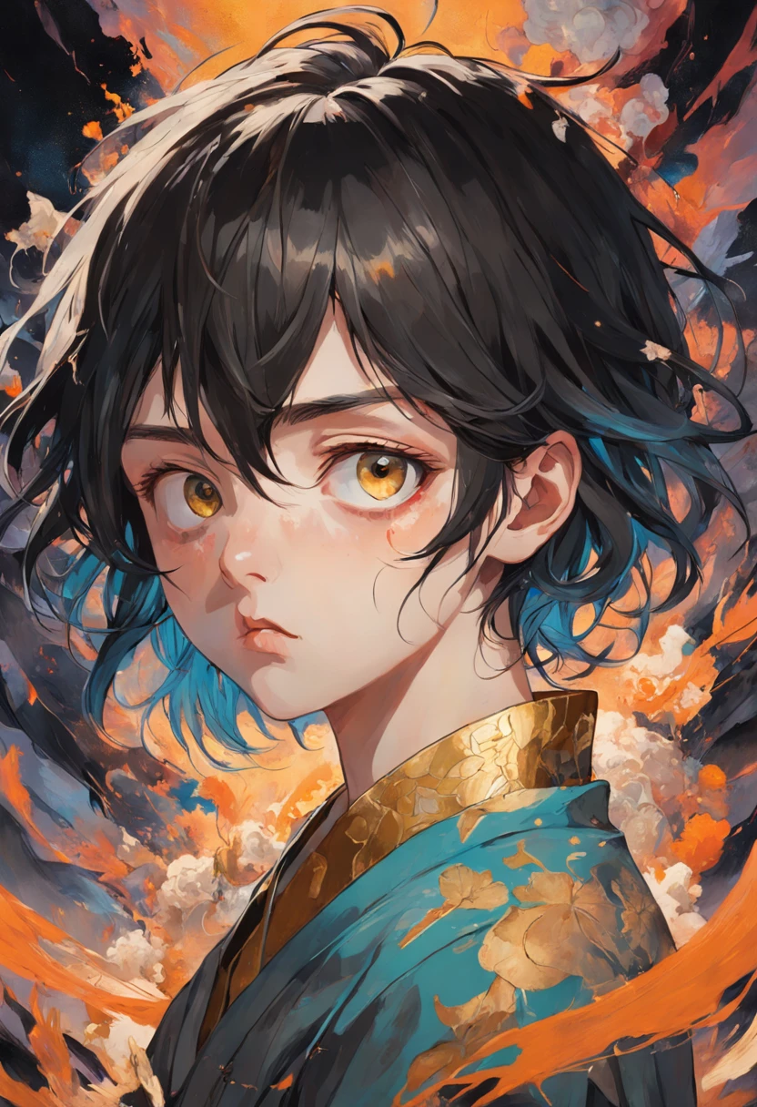 There is ugliness in beauty, But there is also beauty in ugliness. Young man with dark hair and bright golden eyes. In the style of Adrian Ghenie, Esao Andrews, Jenny Saville, Edward Hopper, surrealism, Dark Art par James Jean, Takato Yamamoto, Minimalism inkpunk
