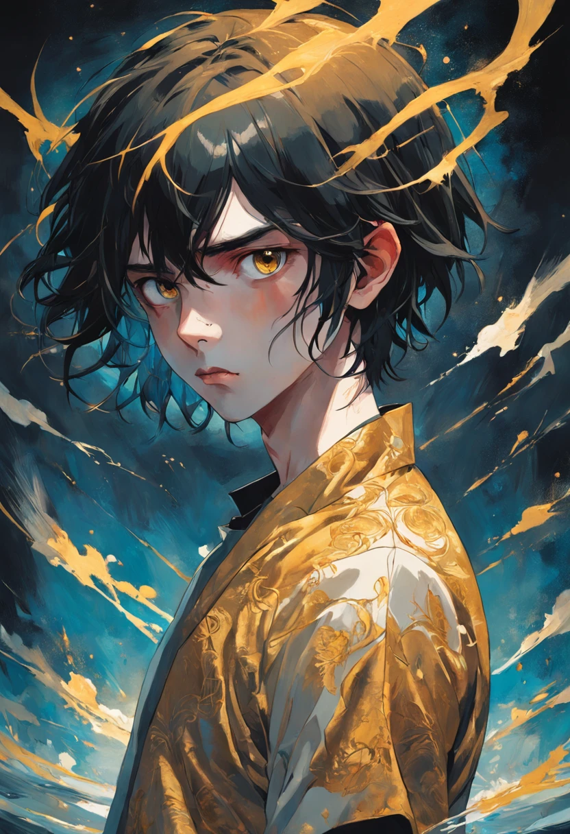 There is ugliness in beauty, But there is also beauty in ugliness. Young man with dark hair and bright golden eyes. In the style of Adrian Ghenie, Esao Andrews, Jenny Saville, Edward Hopper, surrealism, Dark Art par James Jean, Takato Yamamoto, Minimalism inkpunk