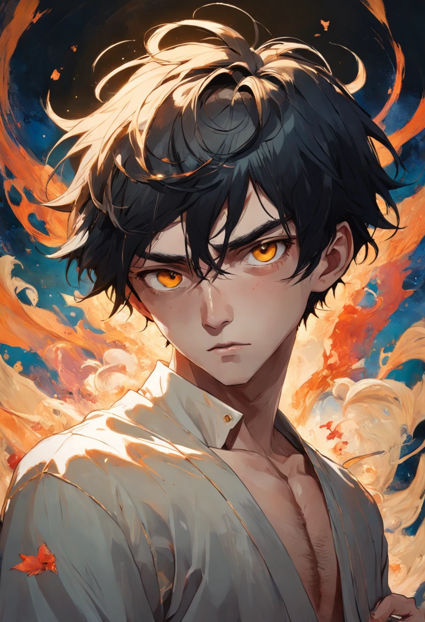 There is ugliness in beauty, But there is also beauty in ugliness. Young man with dark hair and bright golden eyes. In the style of Adrian Ghenie, Esao Andrews, Jenny Saville, Edward Hopper, surrealism, Dark Art par James Jean, Takato Yamamoto, Minimalism inkpunk