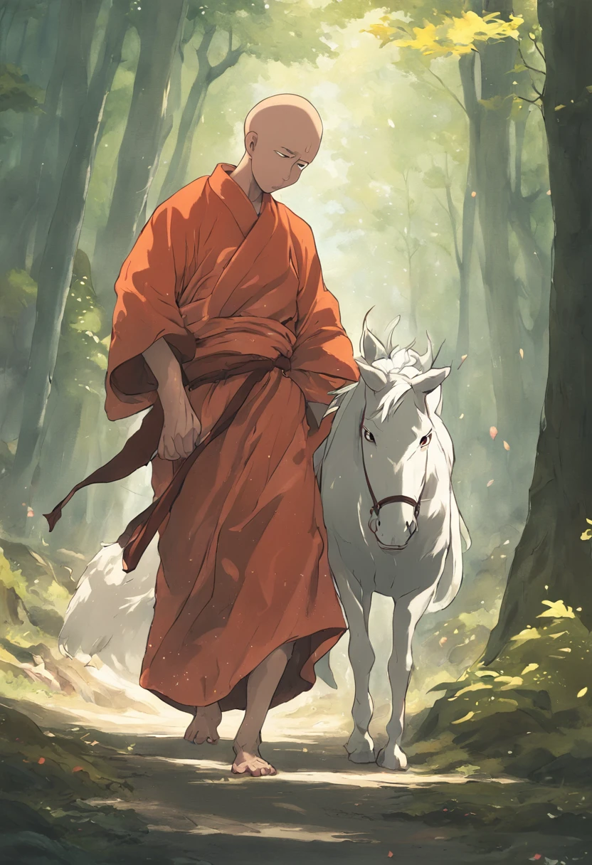 A monk，bald-headed，Wearing monk robe，Carrying baggage，Riding a white horse，at a forest，SNES painting