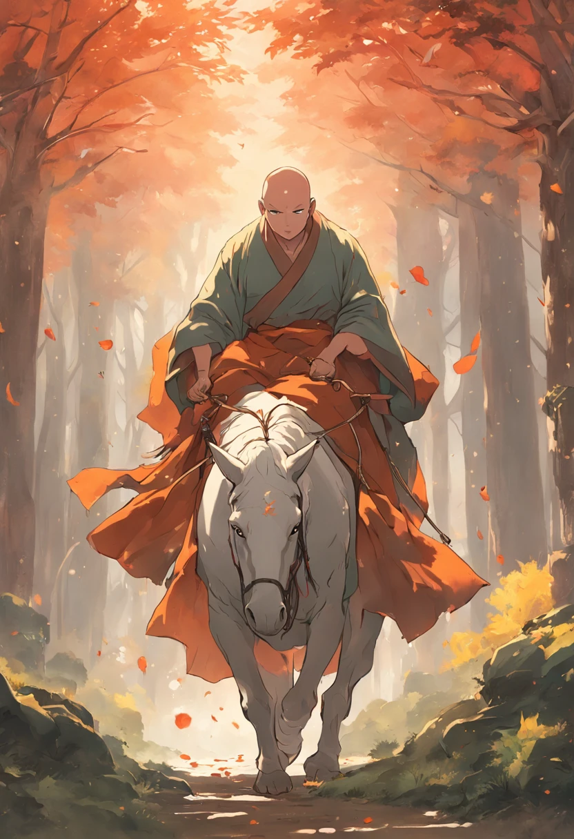 A monk，bald-headed，Wearing monk robe，Carrying baggage，Riding a white horse，at a forest，SNES painting